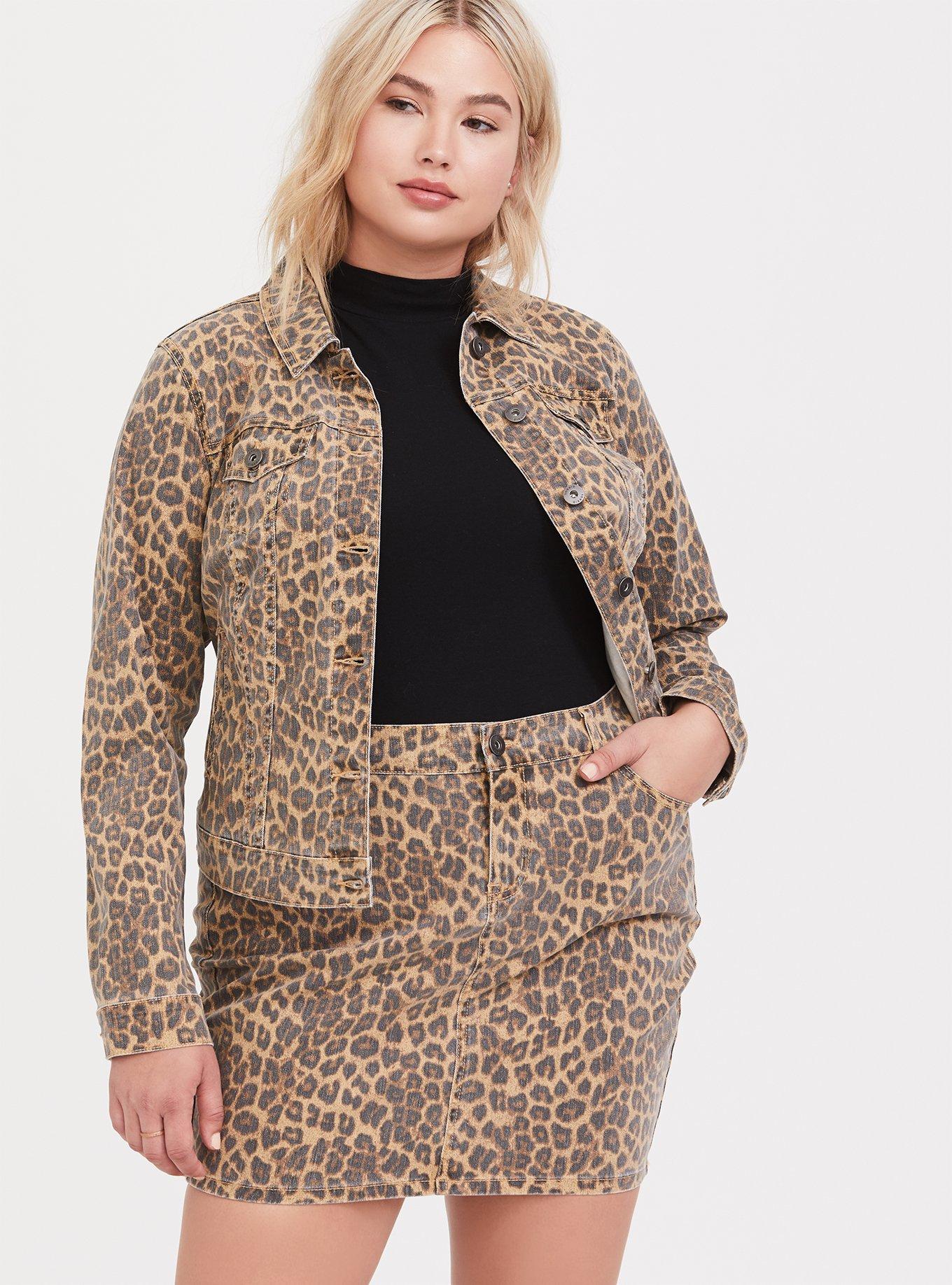 Plus Size Leopard Denim Trucker Jacket, , hi-res