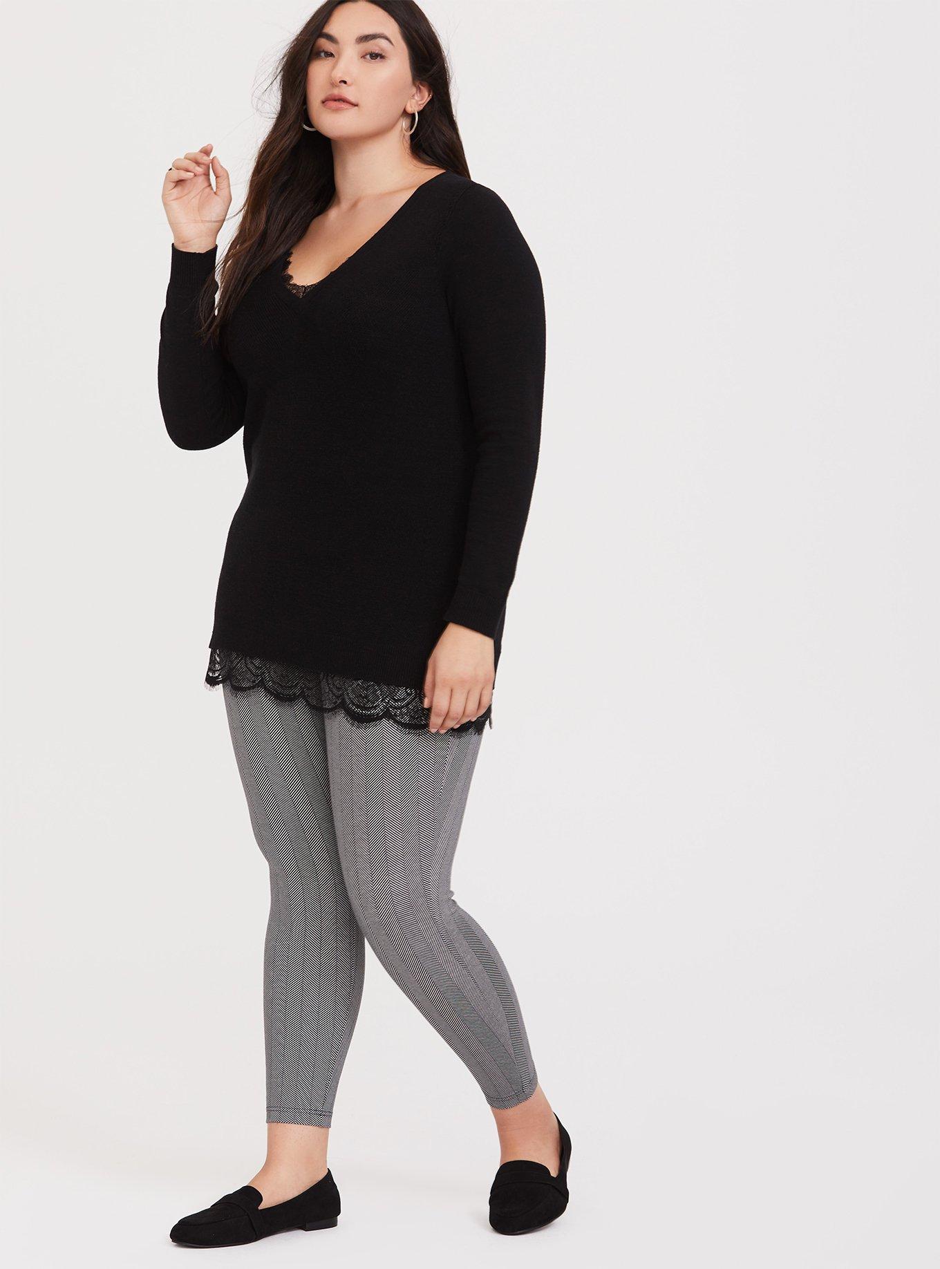 Pullover Lace Trim V-Neck Tunic Sweater, BLACK, alternate