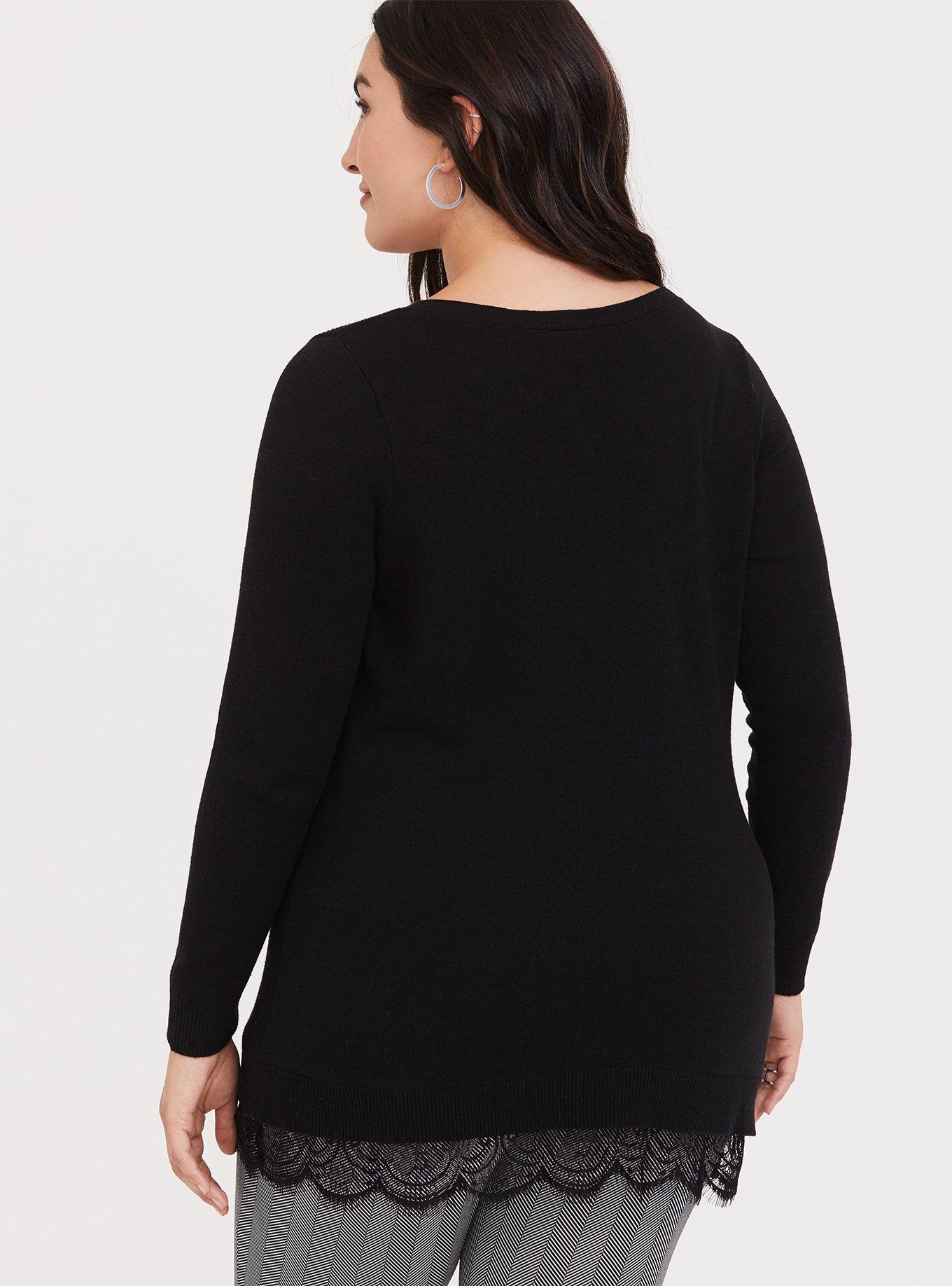 Pullover Lace Trim V-Neck Tunic Sweater, BLACK, alternate