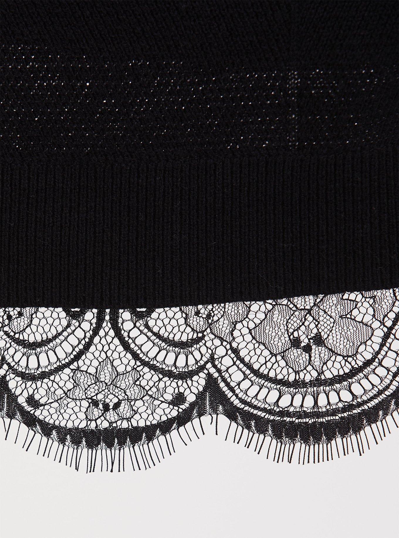 Pullover Lace Trim V-Neck Tunic Sweater, BLACK, alternate