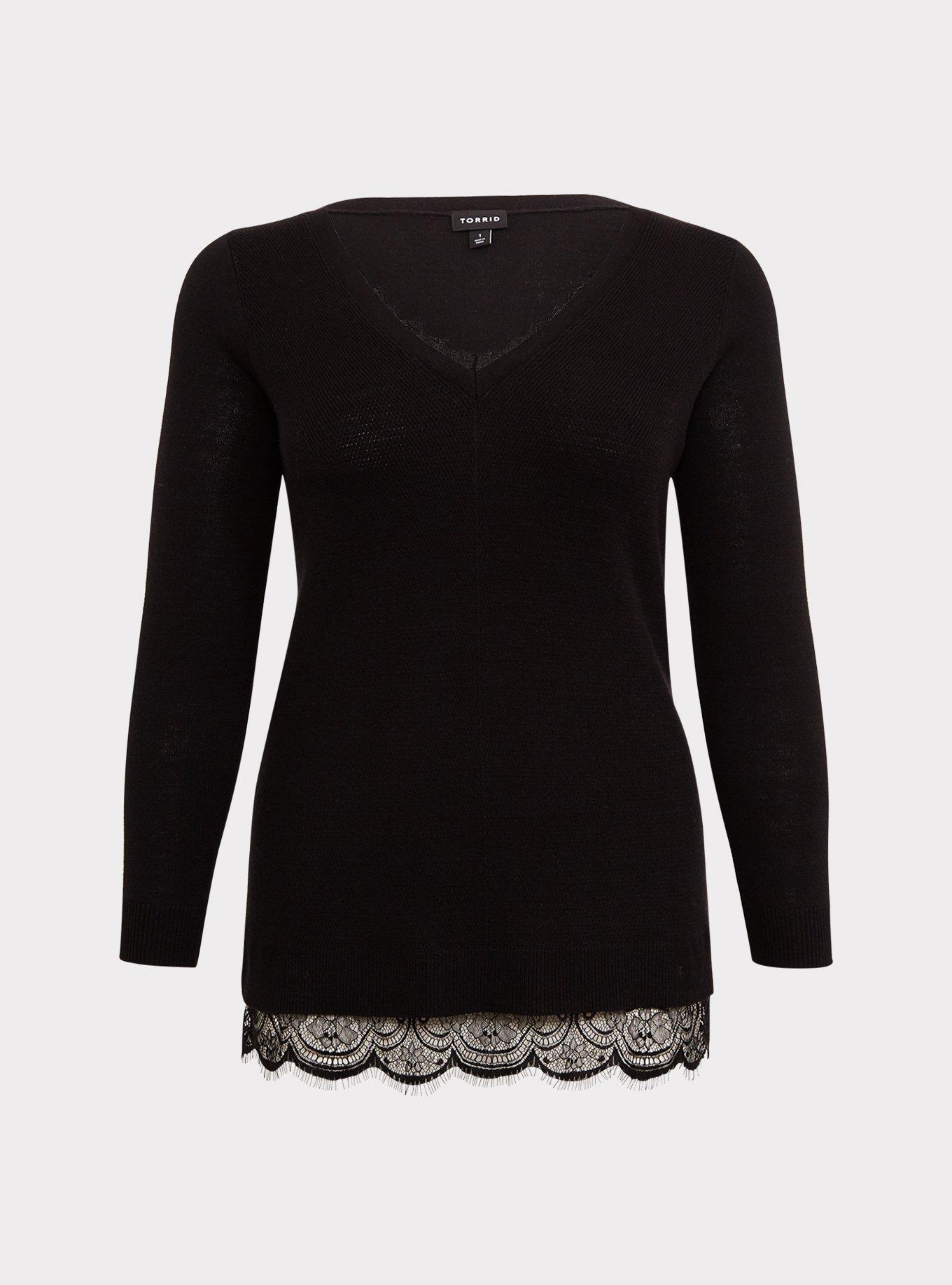 Pullover Lace Trim V-Neck Tunic Sweater, BLACK, hi-res