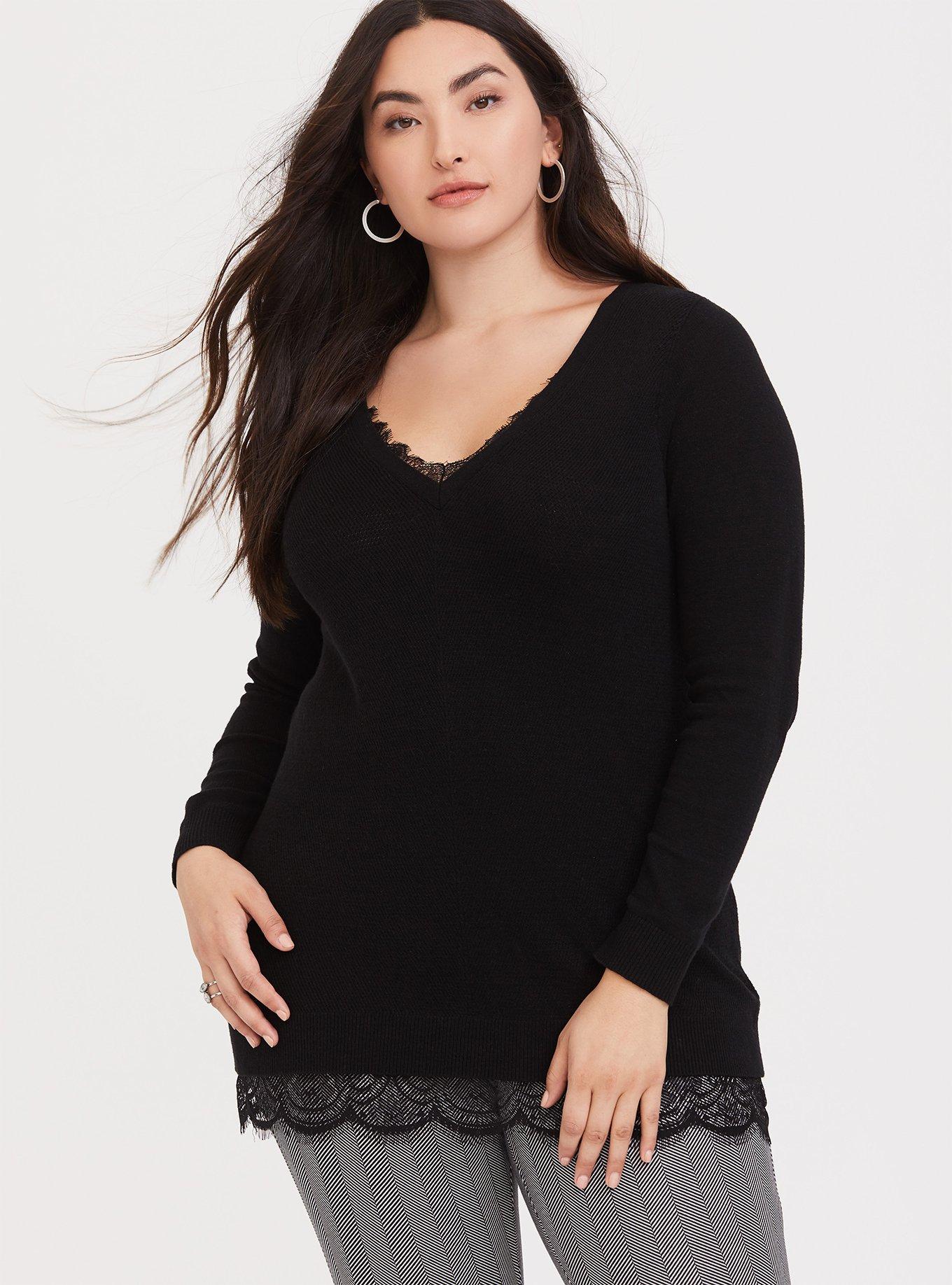 Pullover Lace Trim V-Neck Tunic Sweater, BLACK, hi-res