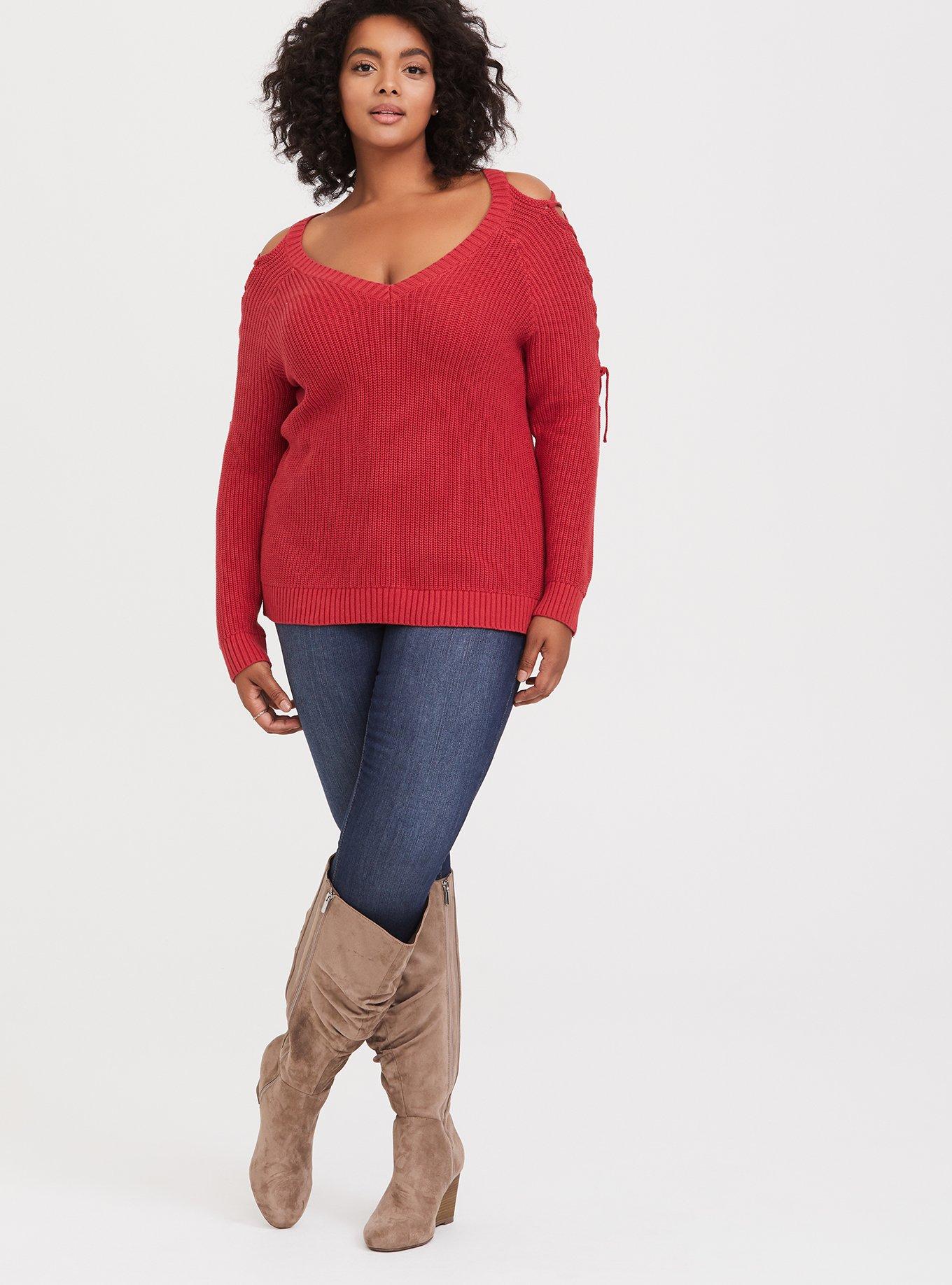 Plus Size Dusty Red Lace Up Cold Shoulder Pullover Sweater Torrid