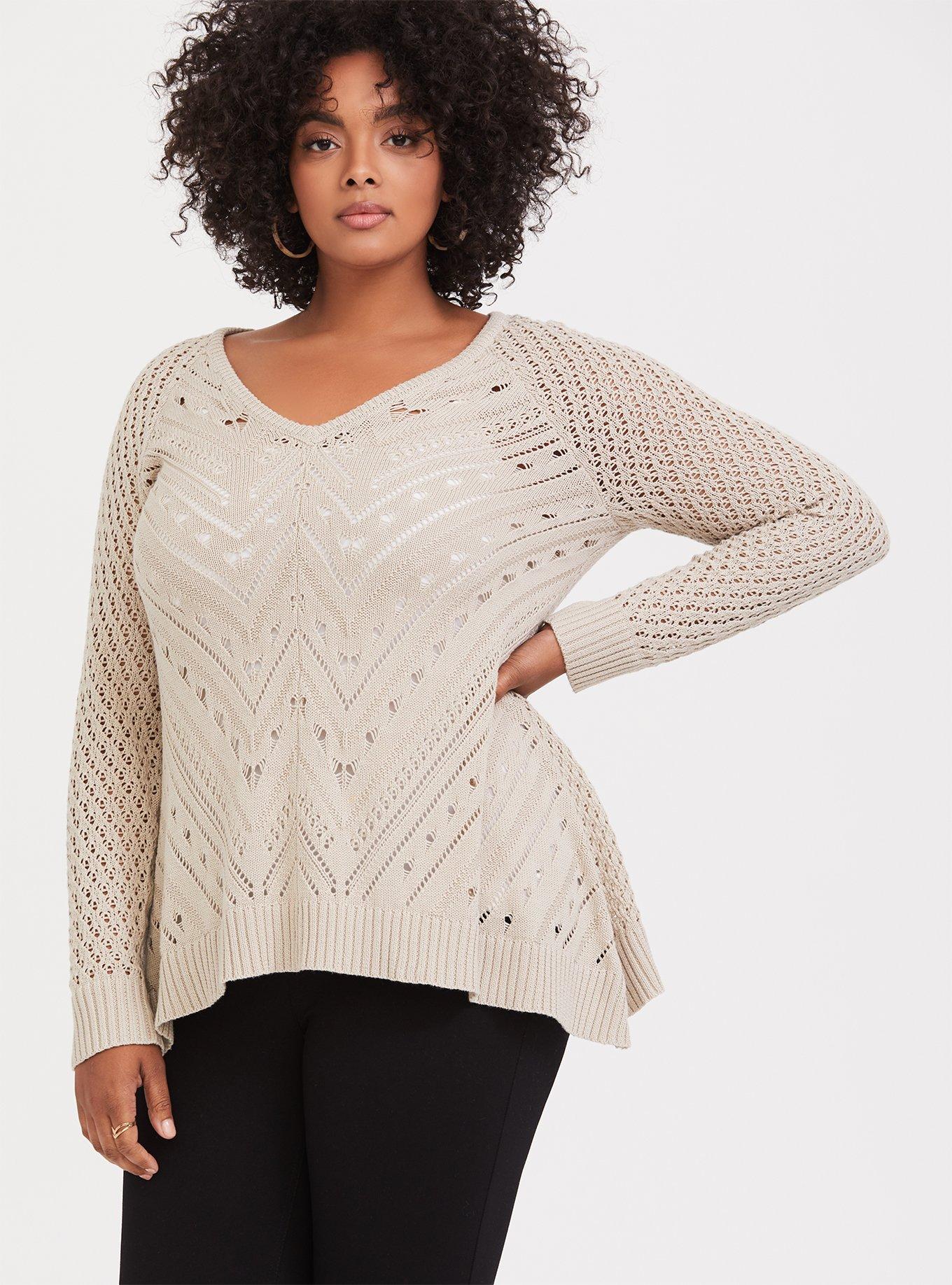 Plus Size Ivory Mix Stitch Handkerchief Pullover, IVORY, alternate