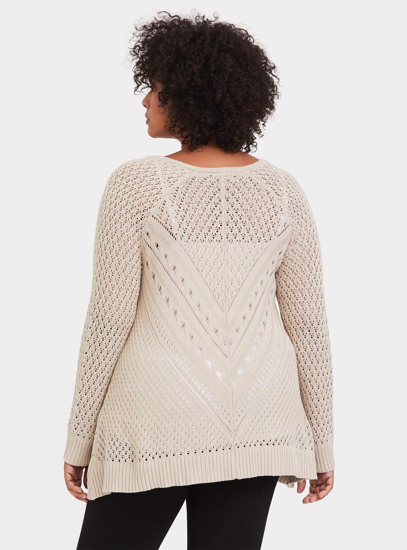 Plus Size Ivory Mix Stitch Handkerchief Pullover, IVORY, alternate