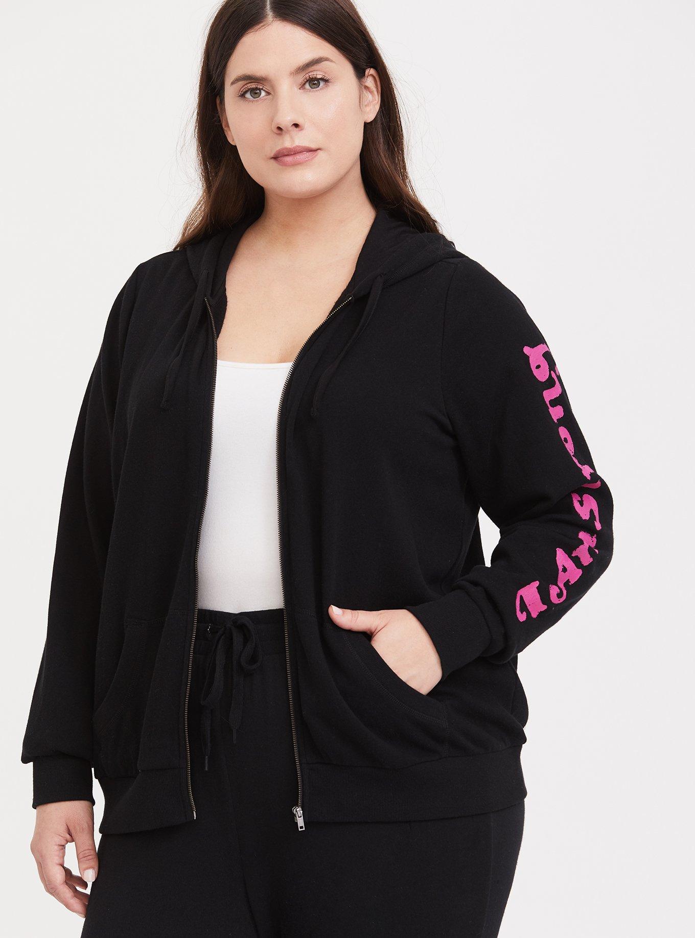 Plus Size Breast Cancer Awareness I Am Strong Black Pink Rose Zip Hoodie Torrid