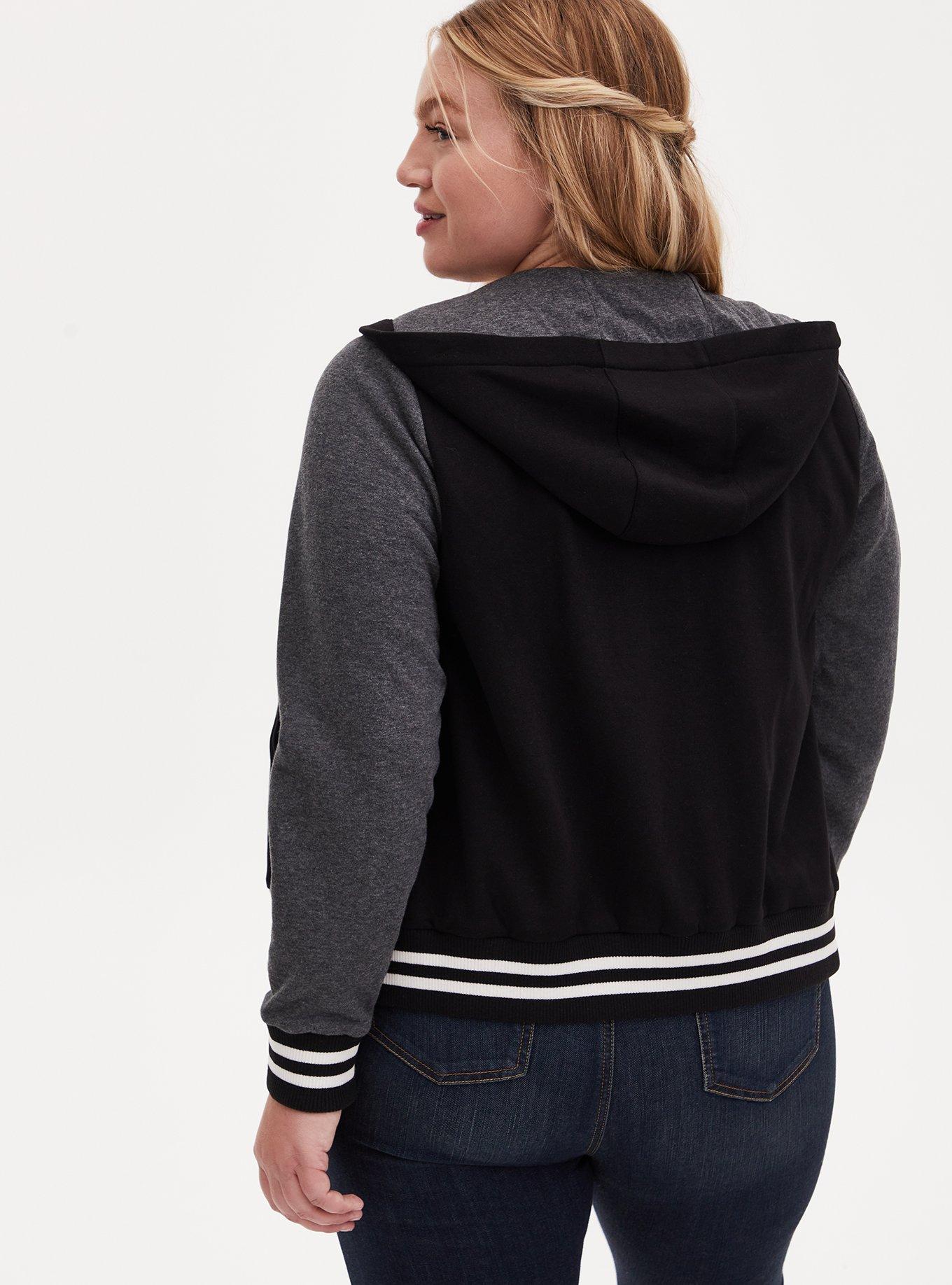 Black & Grey Varsity Hooded Bomber Jacket, DEEP BLACK, alternate