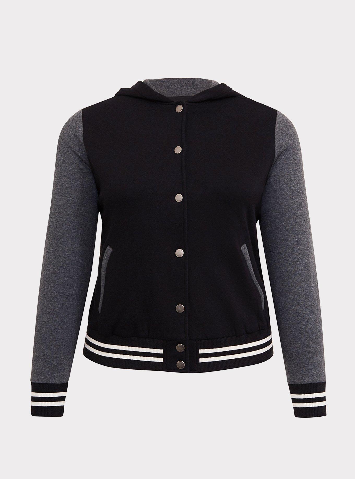 Black & Grey Varsity Hooded Bomber Jacket, DEEP BLACK, hi-res