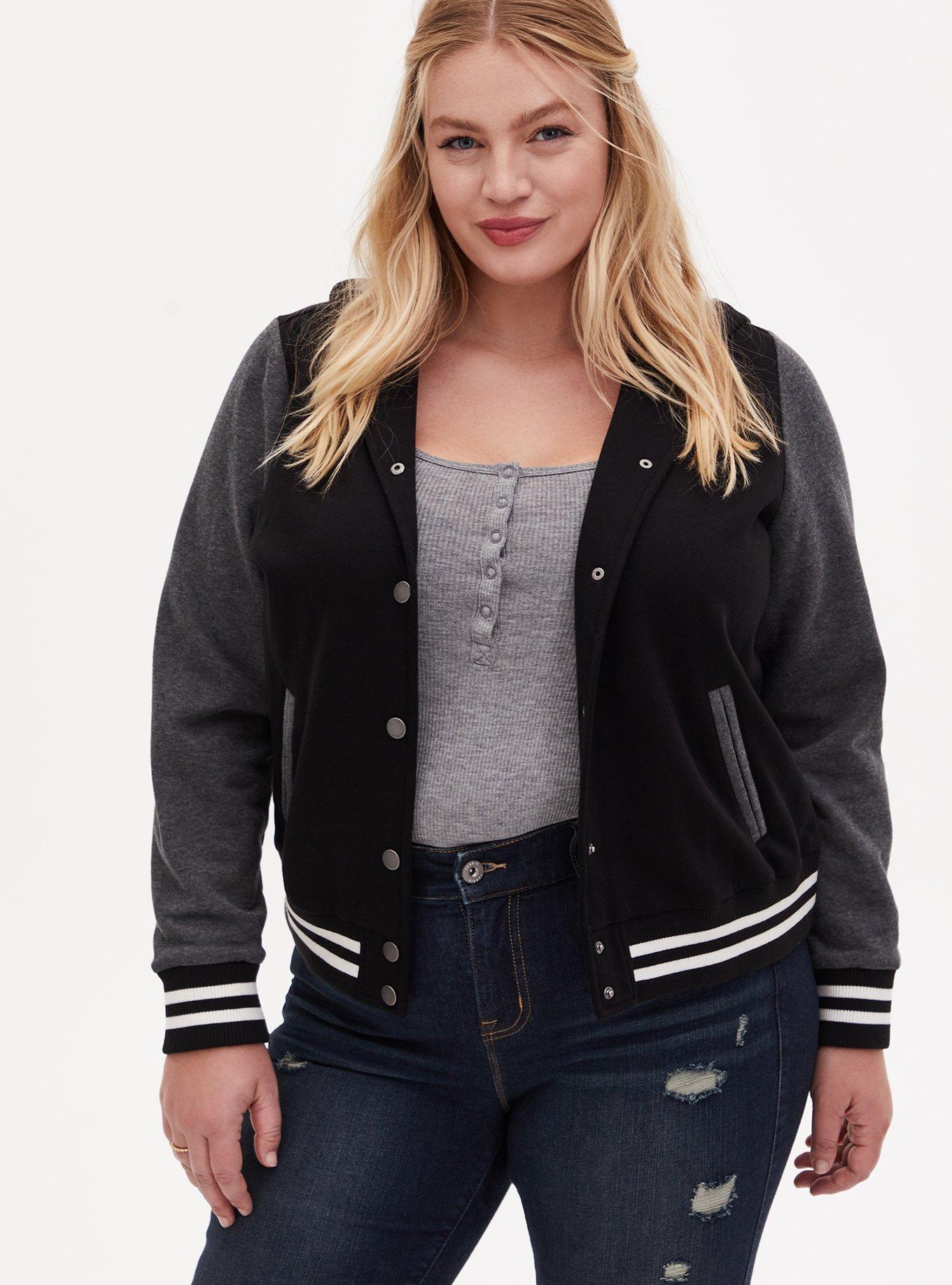 Black & Grey Varsity Hooded Bomber Jacket, DEEP BLACK, hi-res