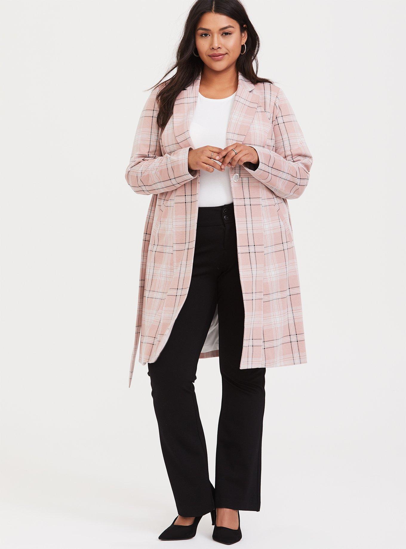 Plus Size - Blush Pink Plaid Self-Tie Longline Blazer - Torrid