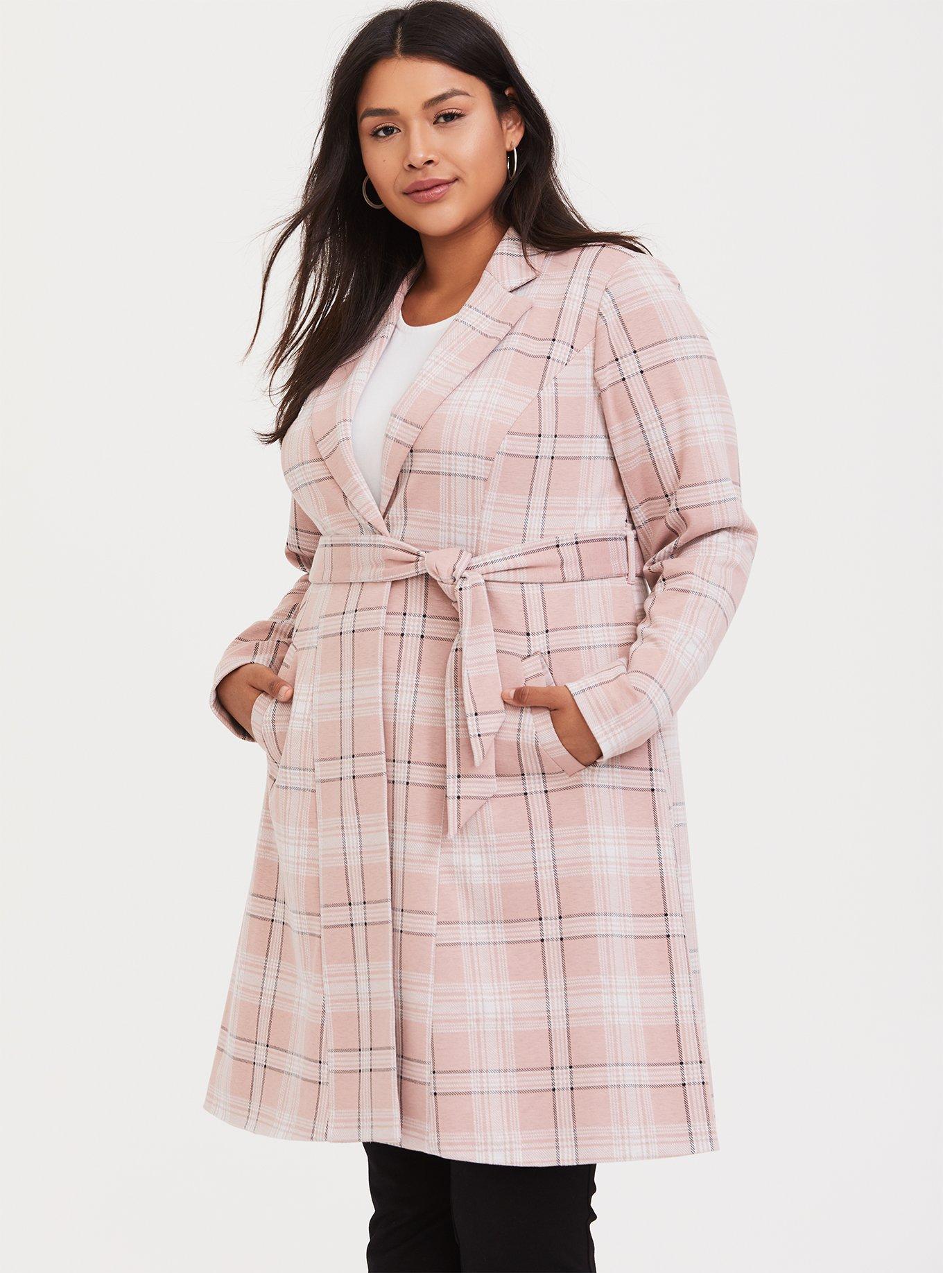 Plus Size Blush Pink Plaid Self Tie Longline Blazer Torrid