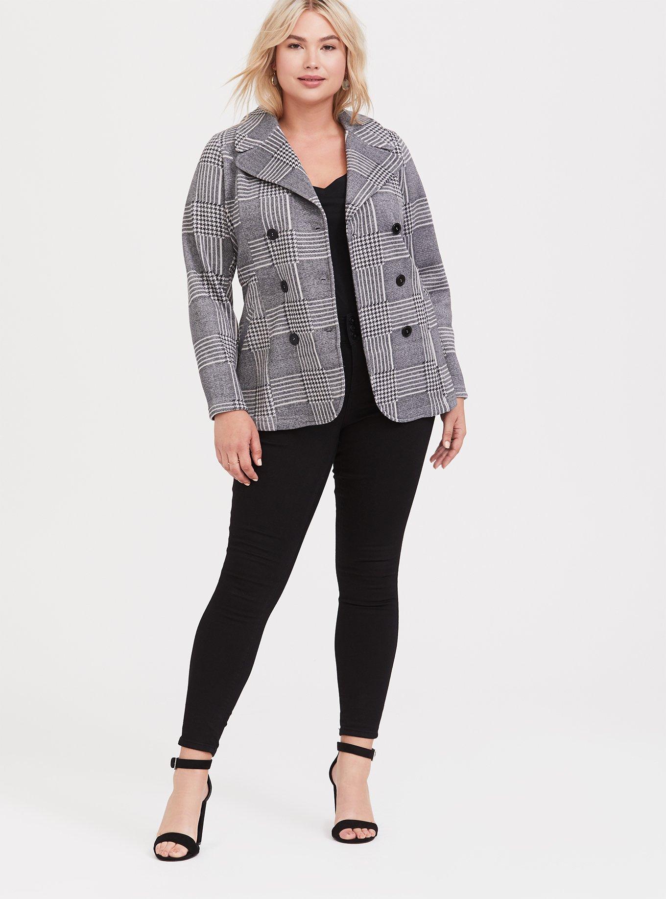 Plus Size - Grey Houndstooth Plaid Double-Breasted Pea Coat - Torrid