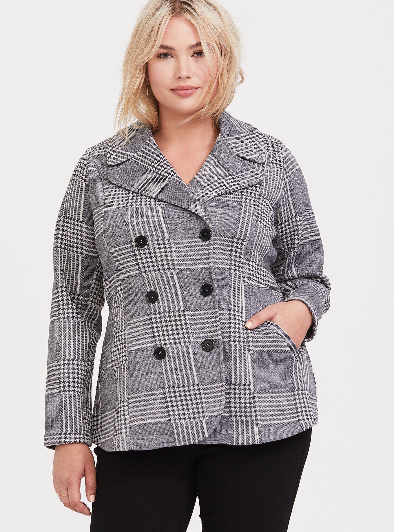 Plus Size - Grey Houndstooth Plaid Double-Breasted Pea Coat - Torrid