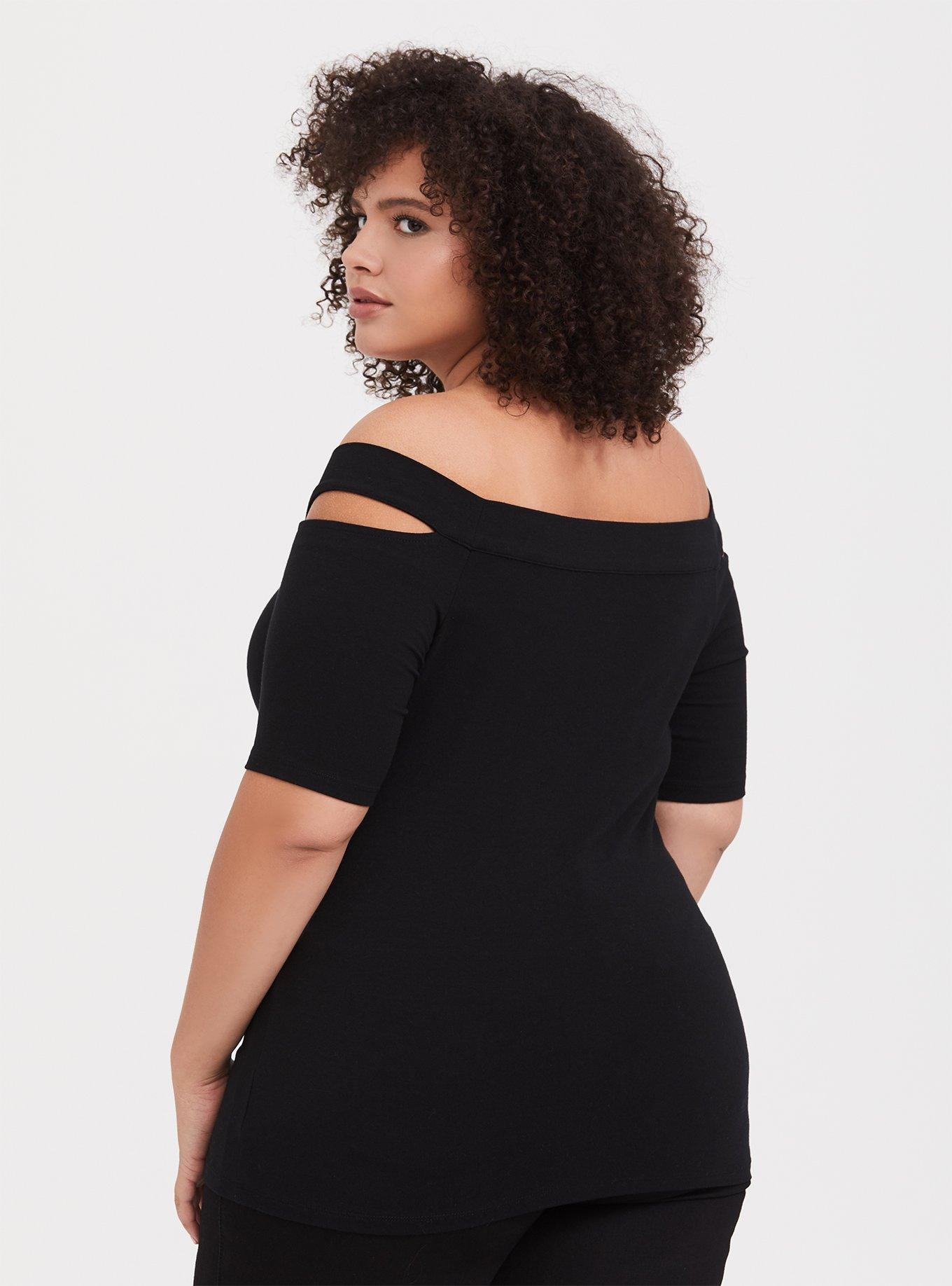 Plus Size Black Cutout Off Shoulder Foxy Tee, DEEP BLACK, alternate