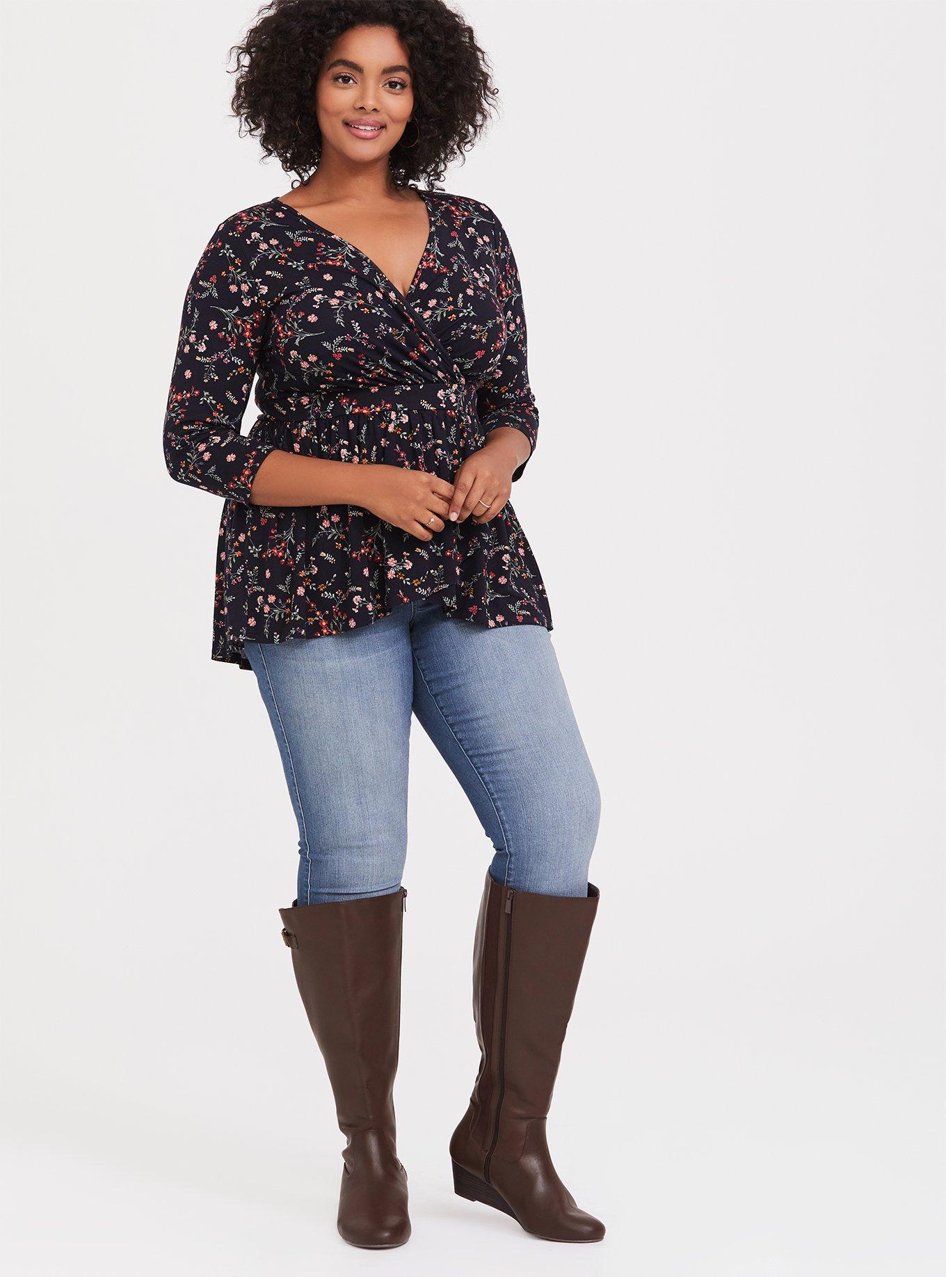 Plus Size Super Soft Surplice Babydoll Top, FLORAL BLACK, alternate