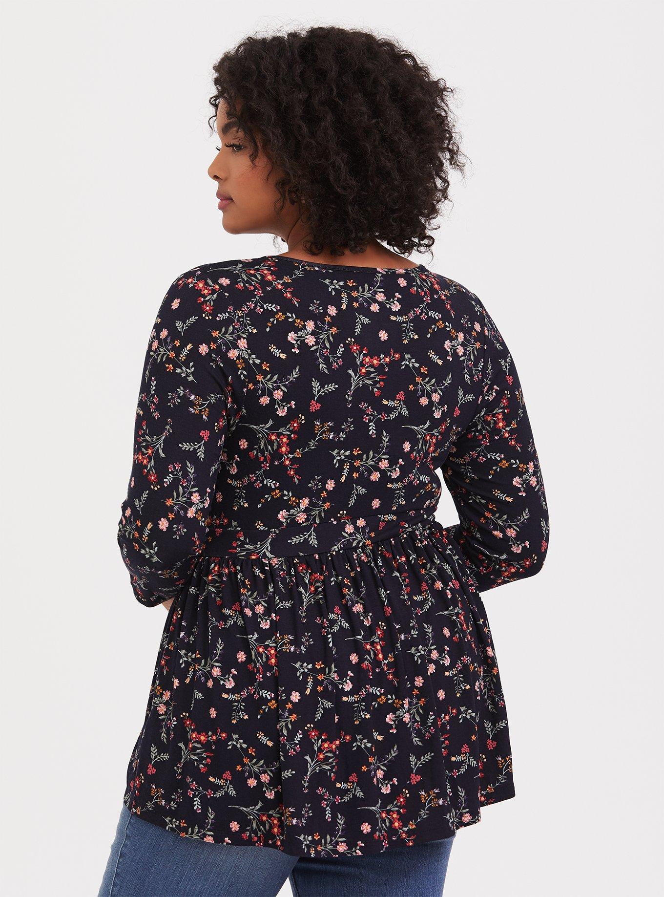 Plus Size Super Soft Surplice Babydoll Top, FLORAL BLACK, alternate