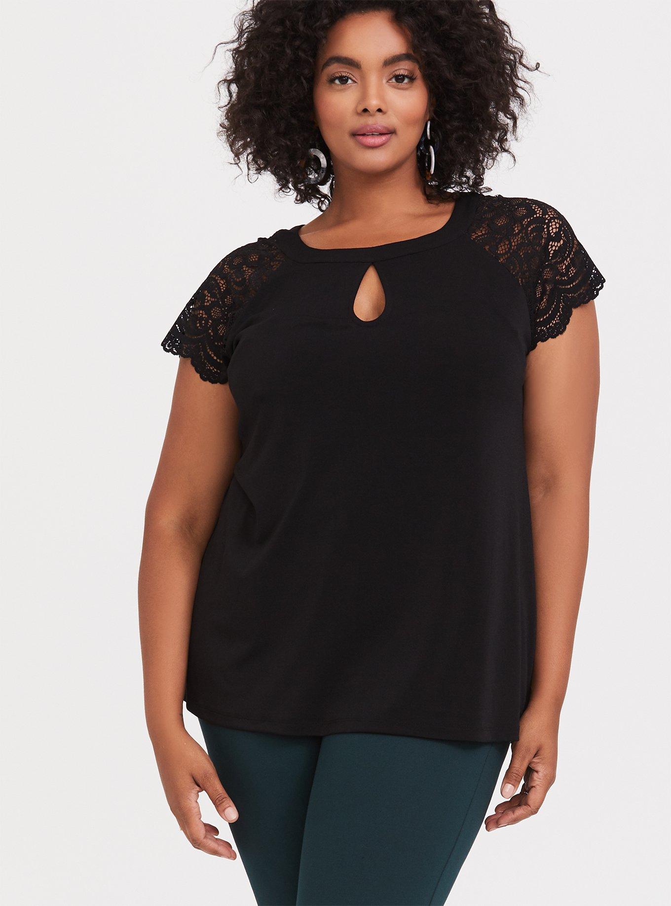 Plus Size Studio Knit Lace Sleeve Top, DEEP BLACK, alternate