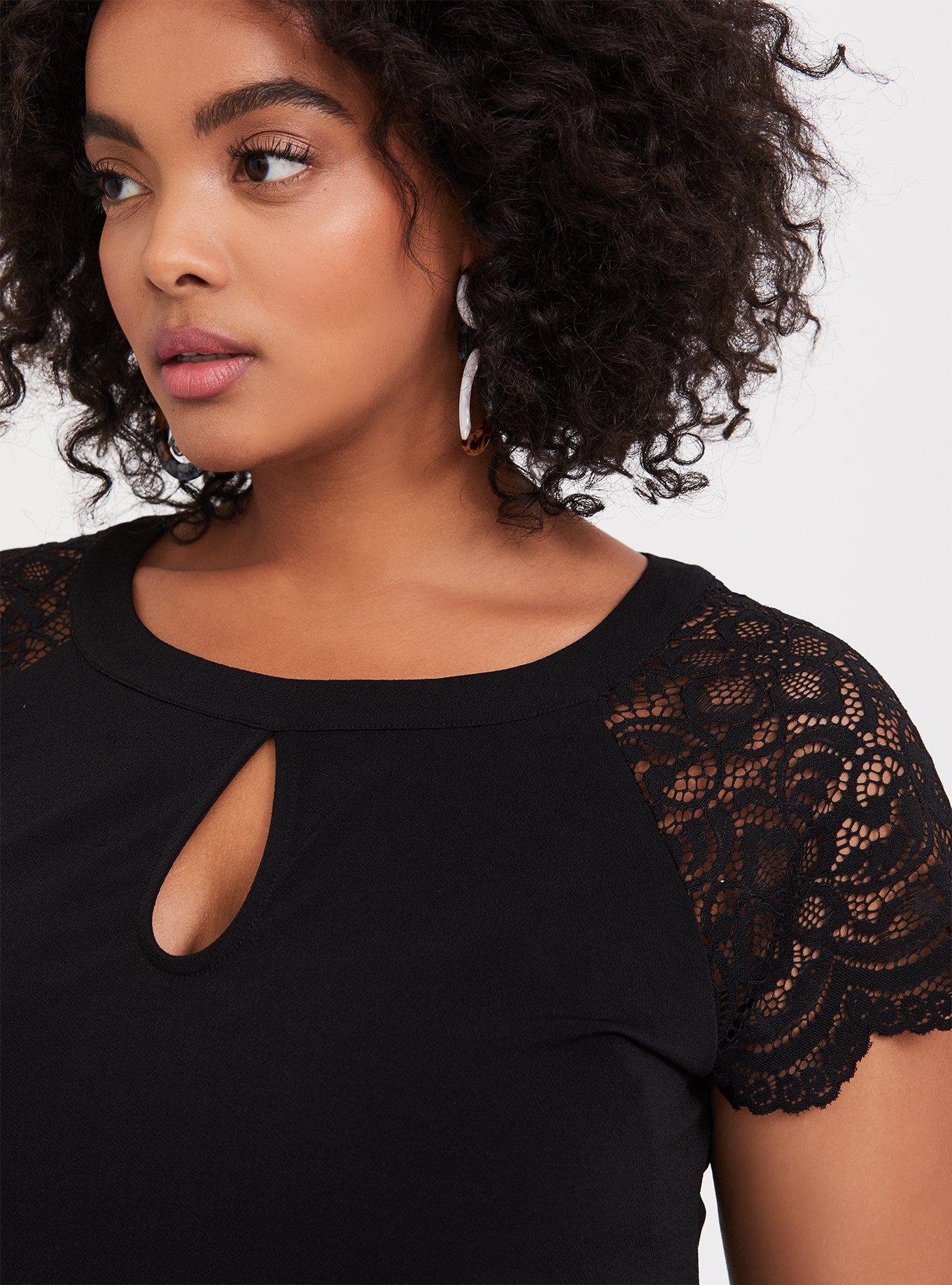 Plus Size Studio Knit Lace Sleeve Top, DEEP BLACK, alternate