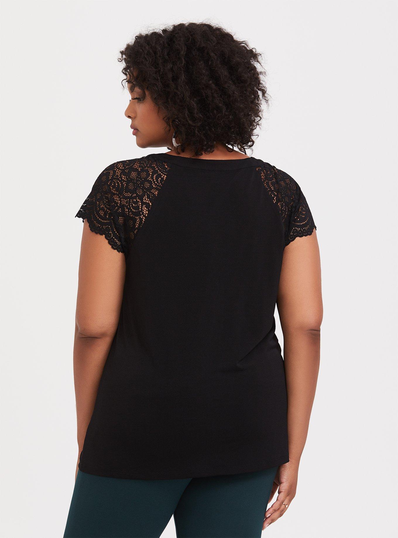 Plus Size Studio Knit Lace Sleeve Top, DEEP BLACK, alternate