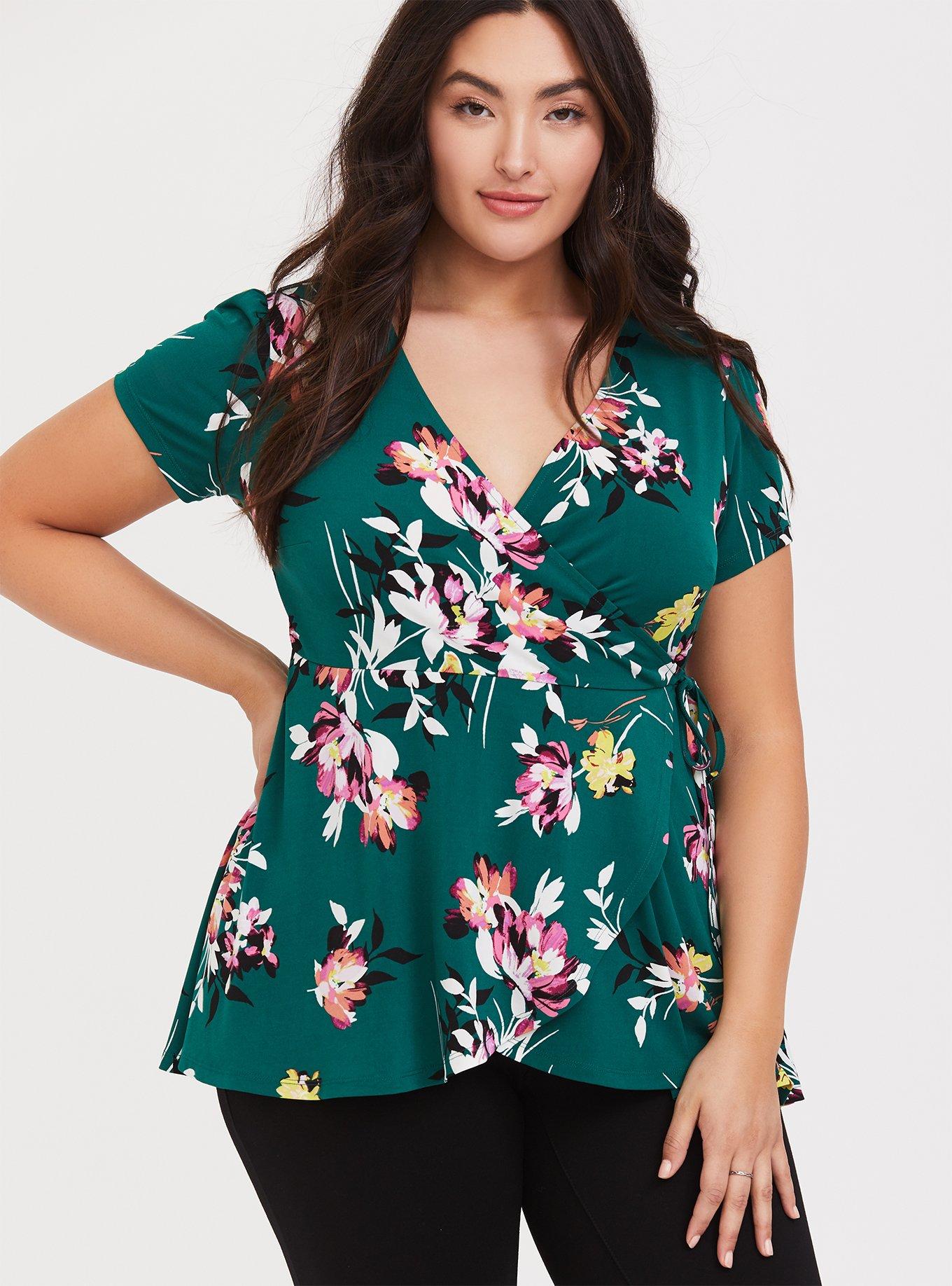Studio Knit Surplice Wrap Top, FLORAL GREEN, hi-res