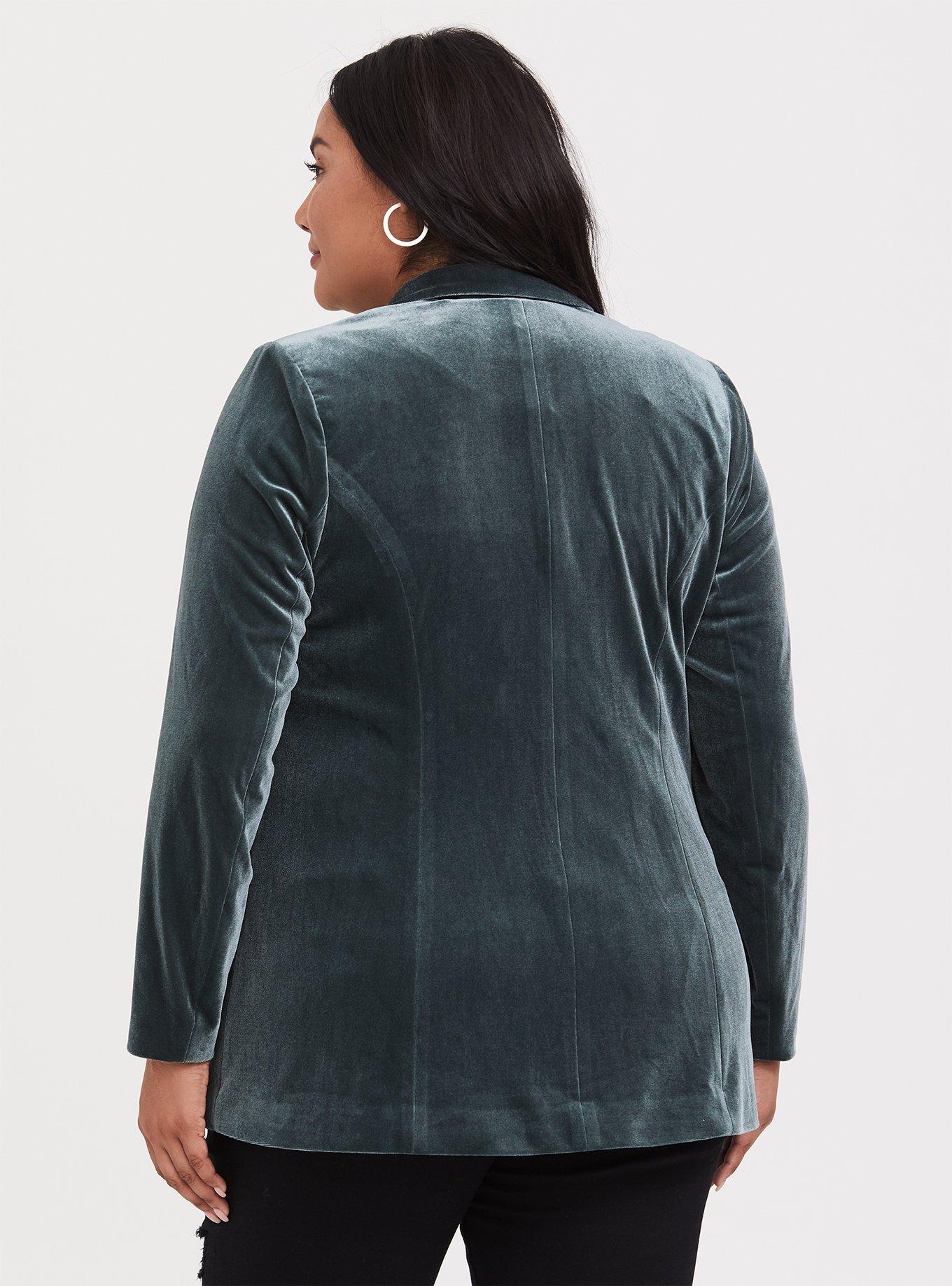 Plus Size - Green Velvet Open Front Button Blazer - Torrid