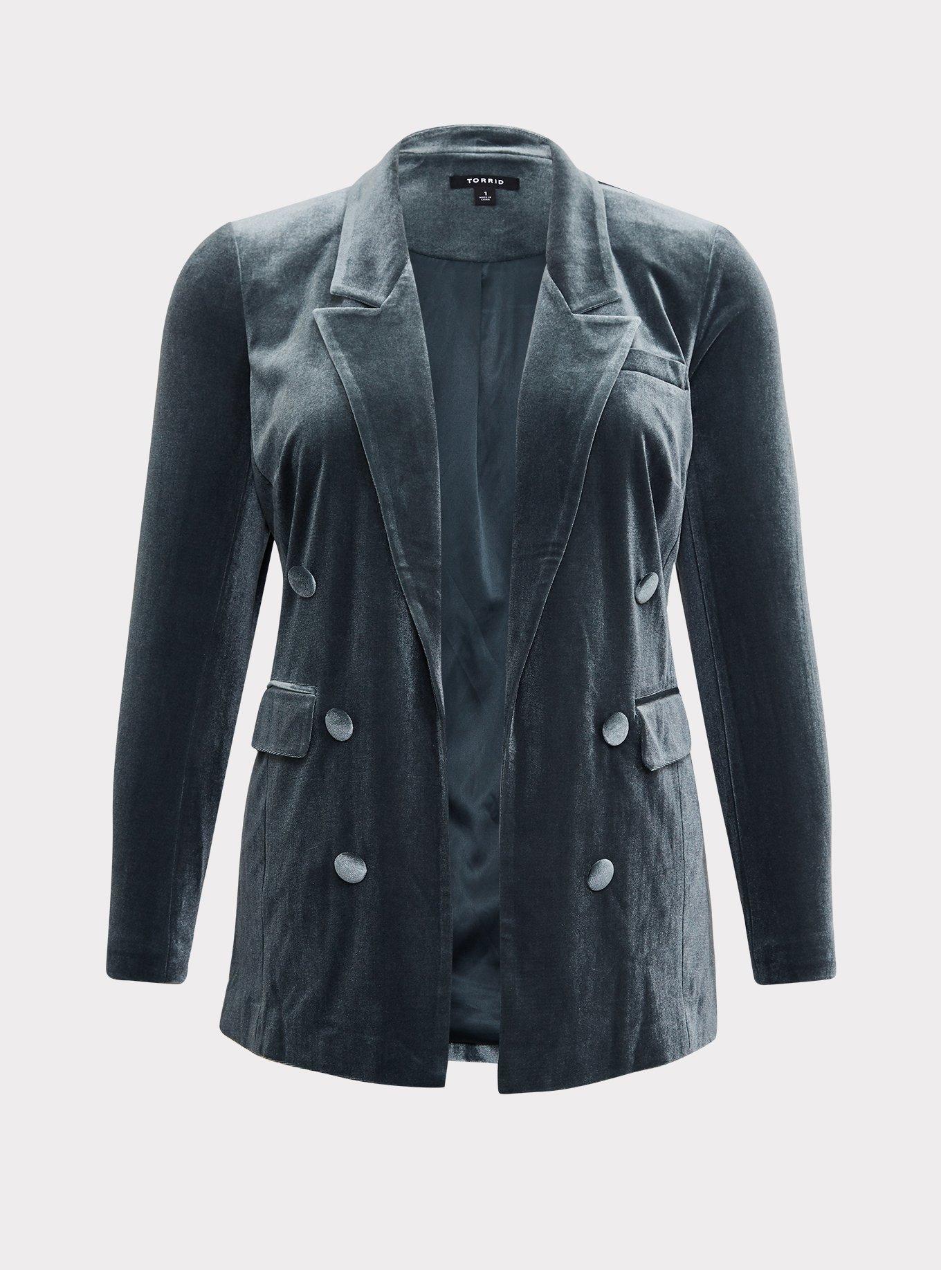Green Velvet Open Front Button Blazer, , hi-res