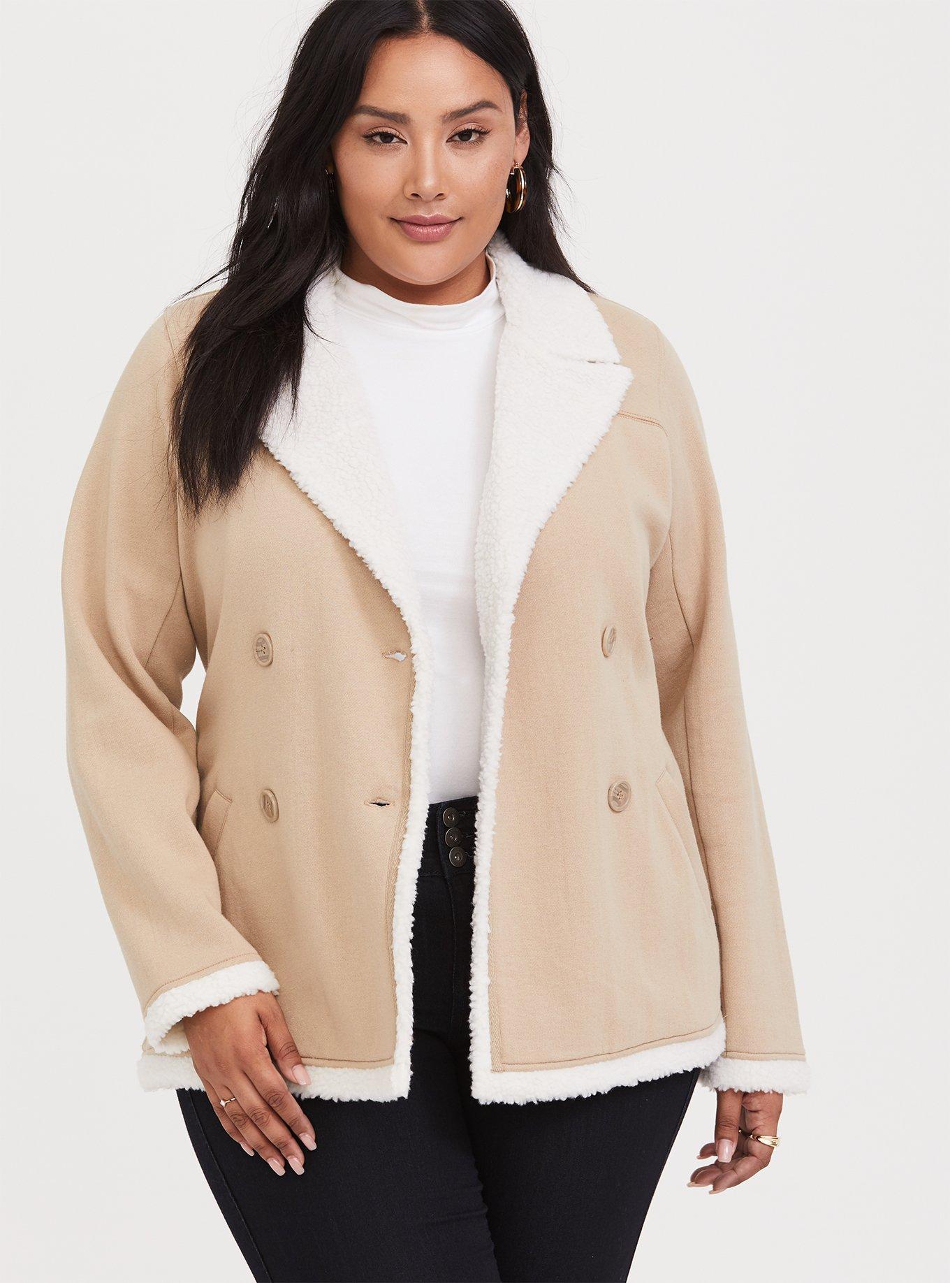 Plus Size Beige Double-Breasted Faux Shearling Trimmed Coat, MACCHIATO BEIGE, alternate