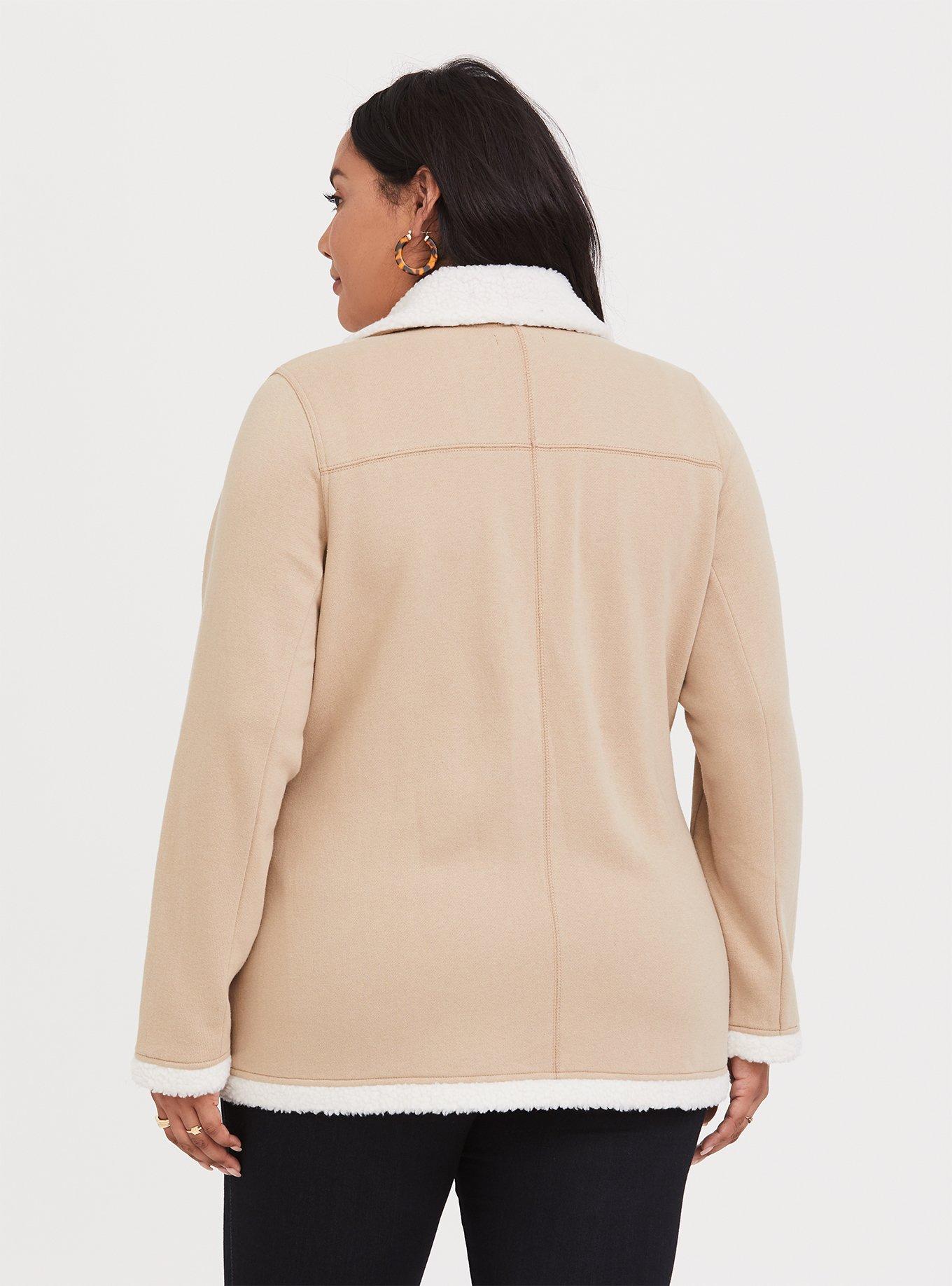 Plus Size Beige Double-Breasted Faux Shearling Trimmed Coat, MACCHIATO BEIGE, alternate