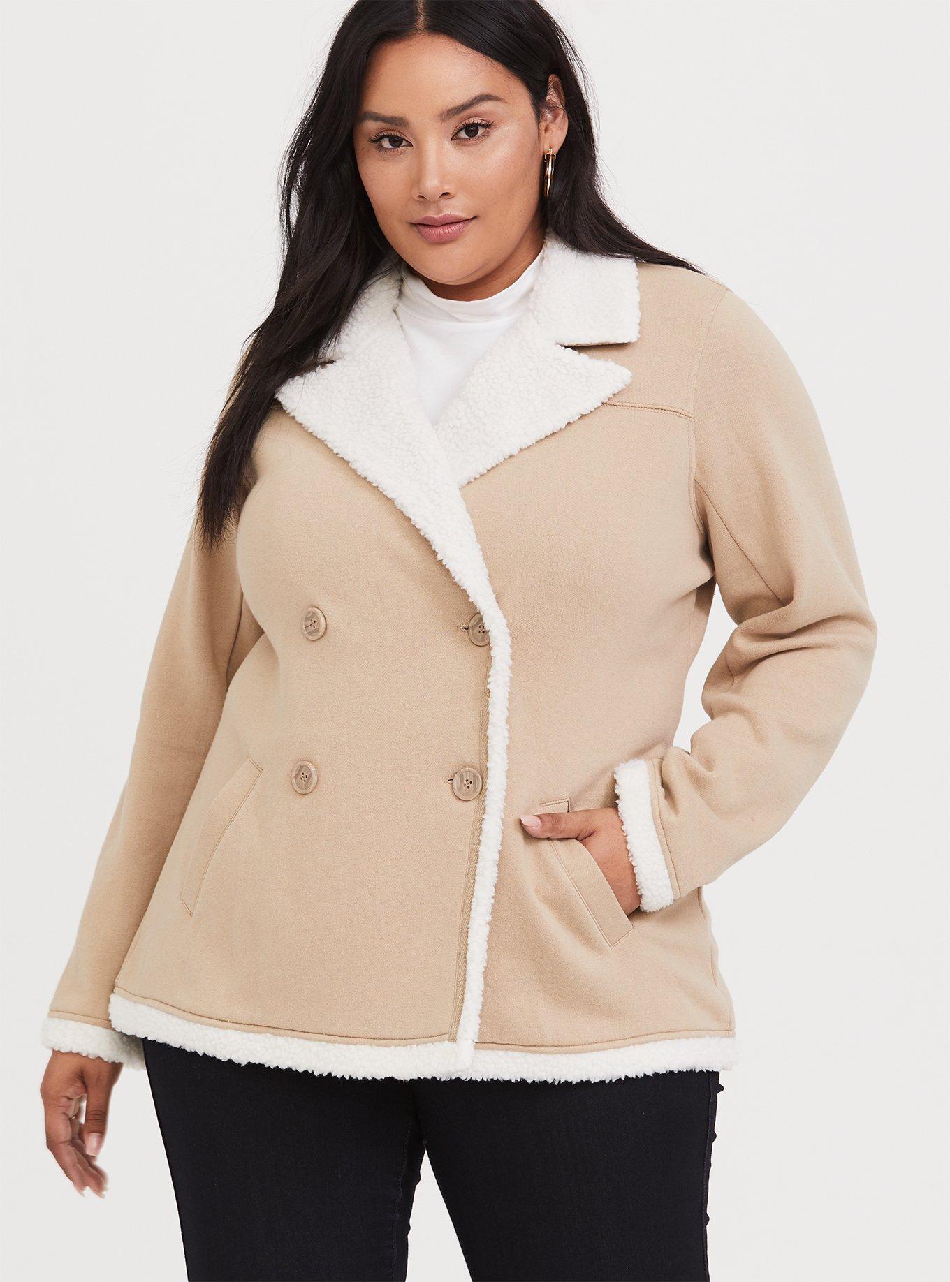 Plus Size Beige Double-Breasted Faux Shearling Trimmed Coat, MACCHIATO BEIGE, alternate