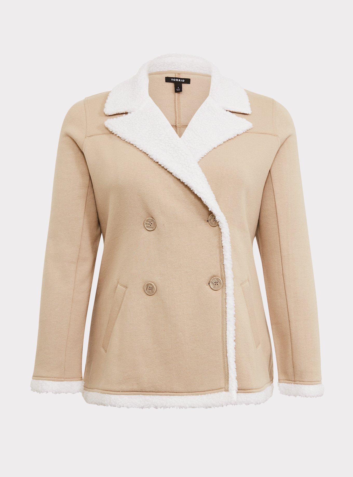 Beige Double-Breasted Faux Shearling Trimmed Coat, , hi-res