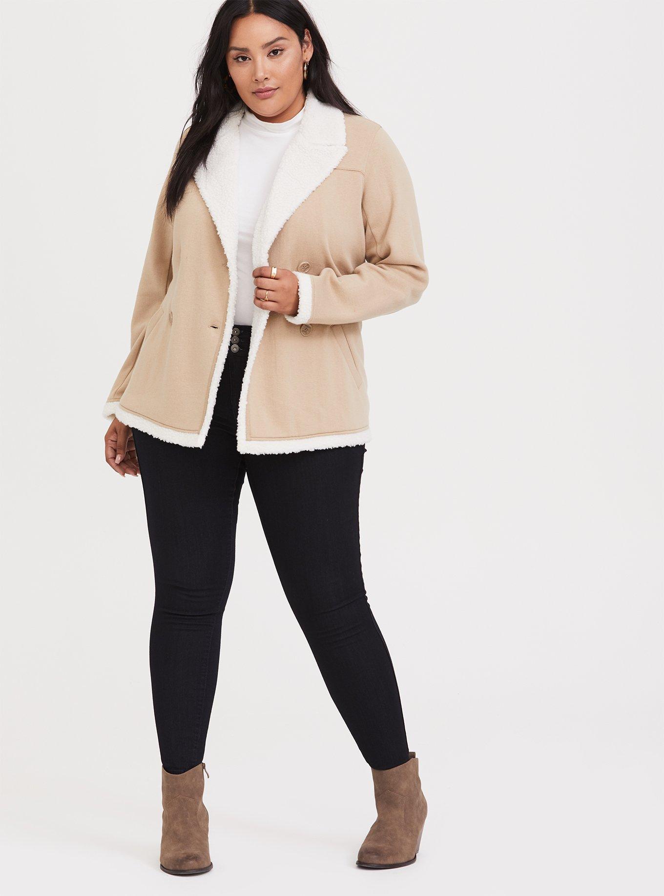 Beige Double-Breasted Faux Shearling Trimmed Coat, , hi-res