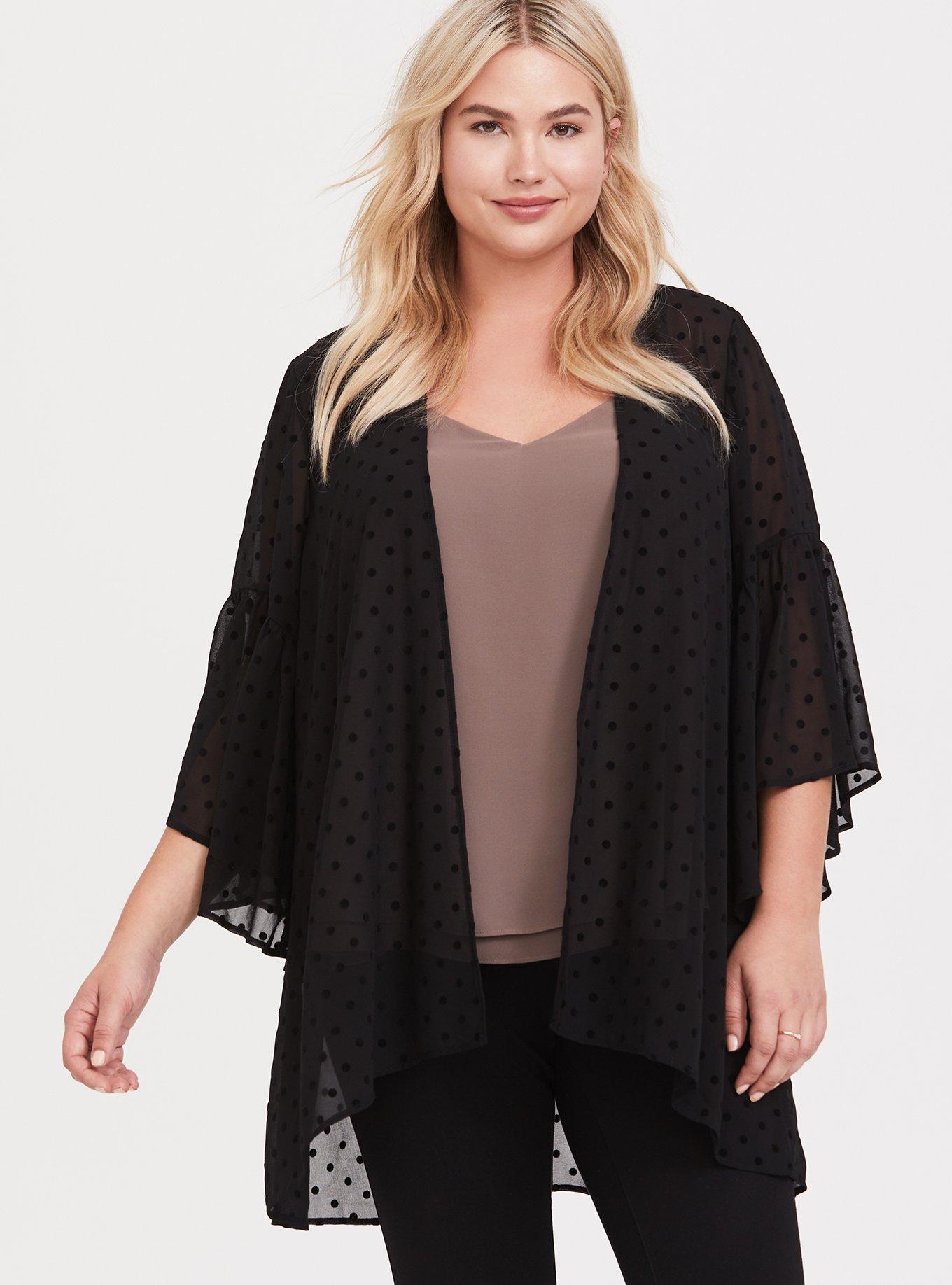 Plus Size Chiffon Midi Kimono, BLACK, alternate