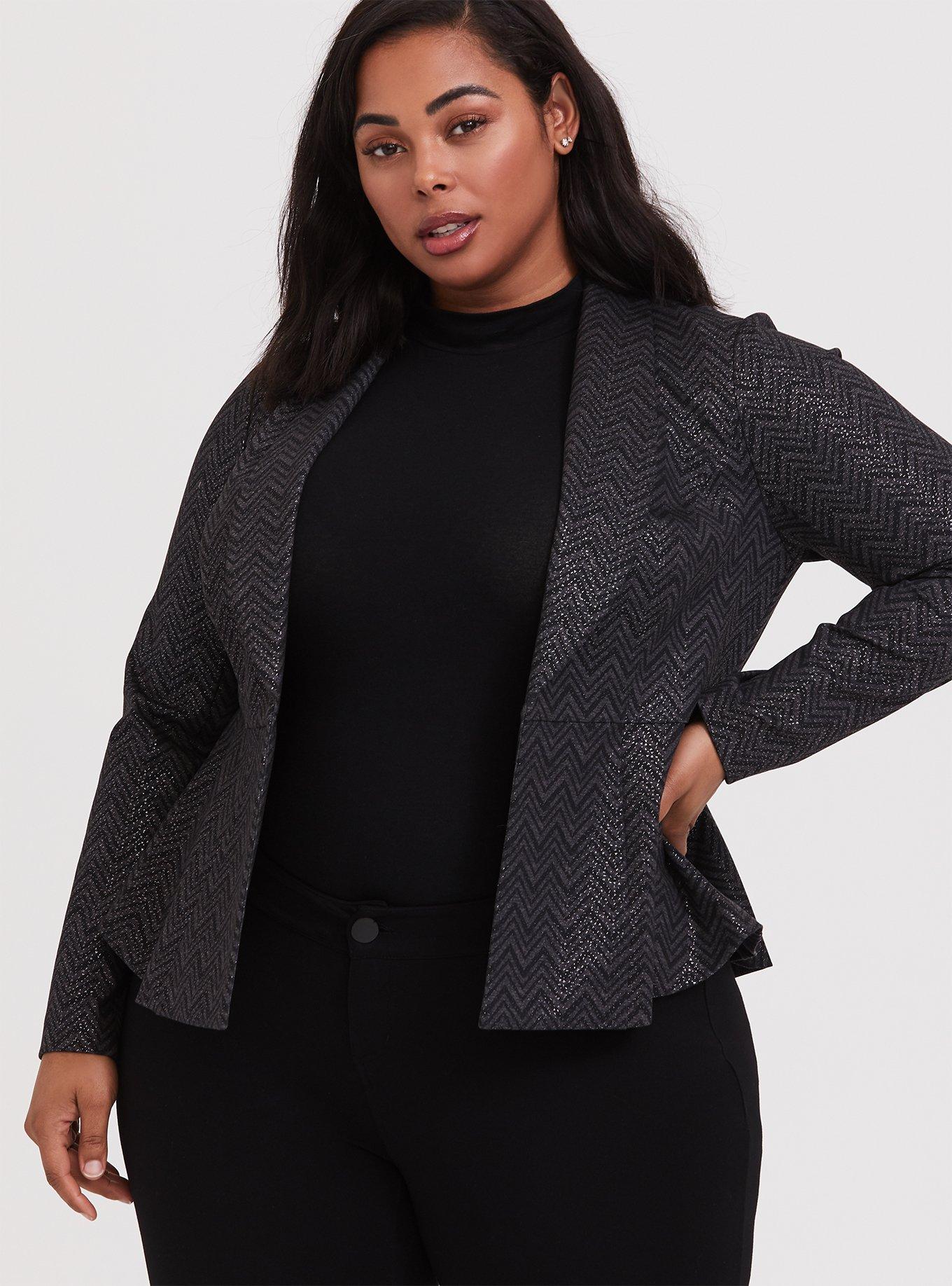 Studio Uptown Premium Ponte Black Chevron Stretch Peplum Blazer, , alternate