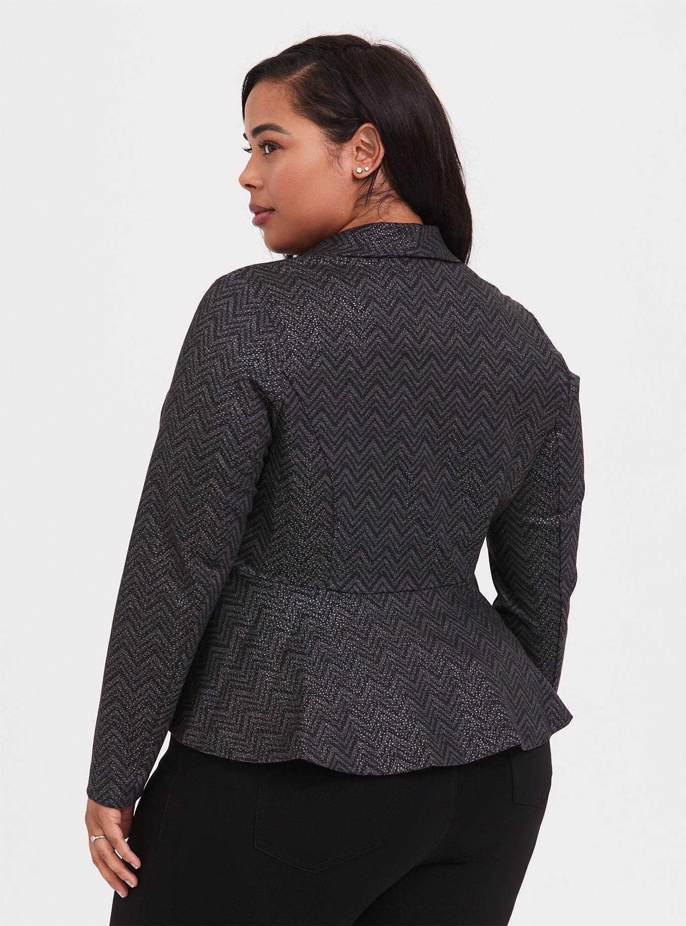 Studio Uptown Premium Ponte Black Chevron Stretch Peplum Blazer, , alternate