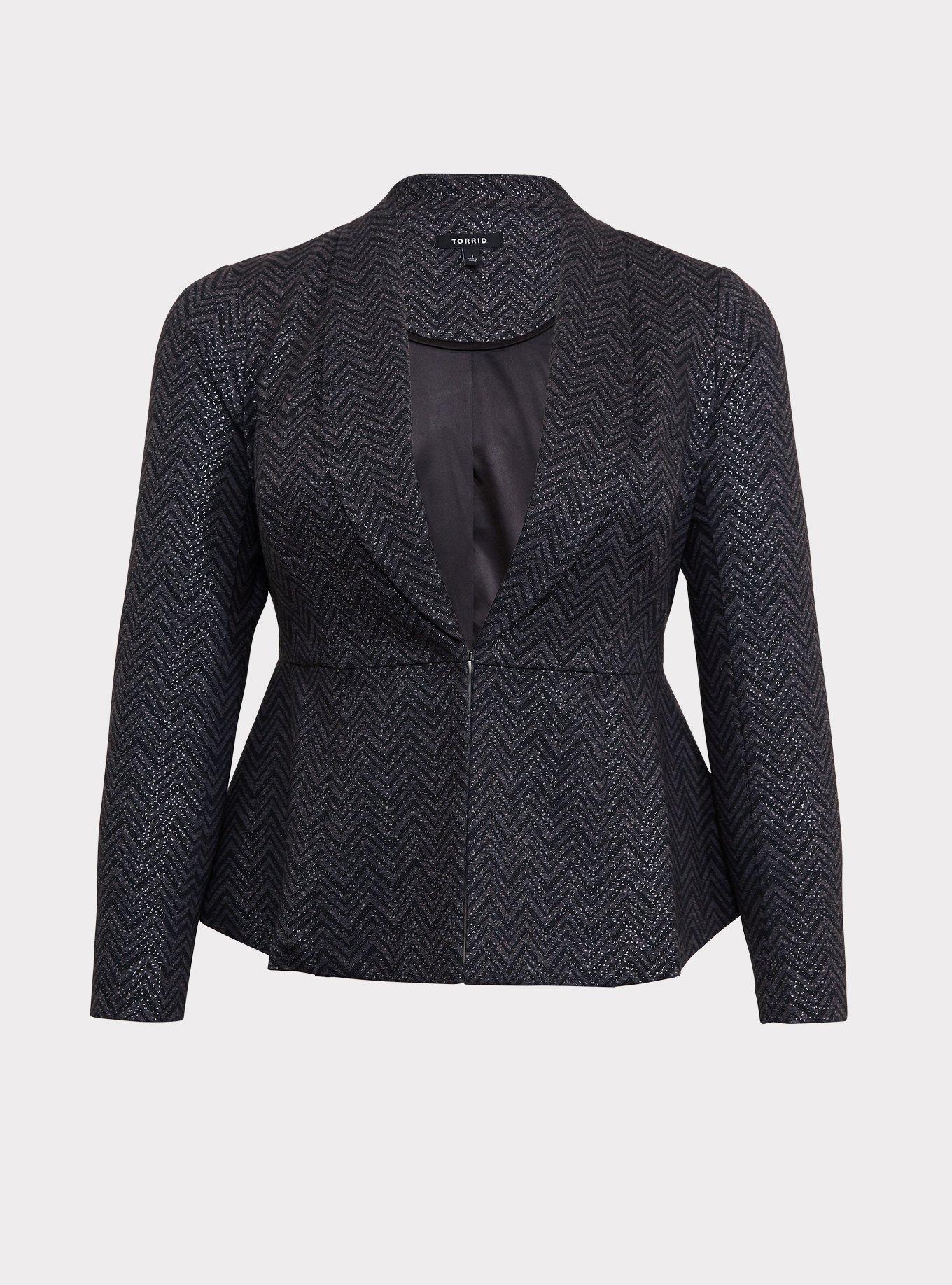 Studio Uptown Premium Ponte Black Chevron Stretch Peplum Blazer, , hi-res