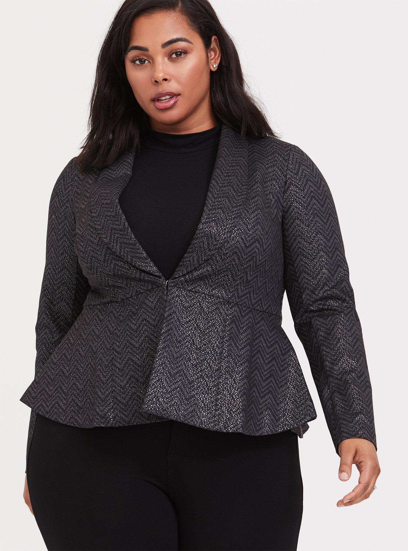 Studio Uptown Premium Ponte Black Chevron Stretch Peplum Blazer, , hi-res