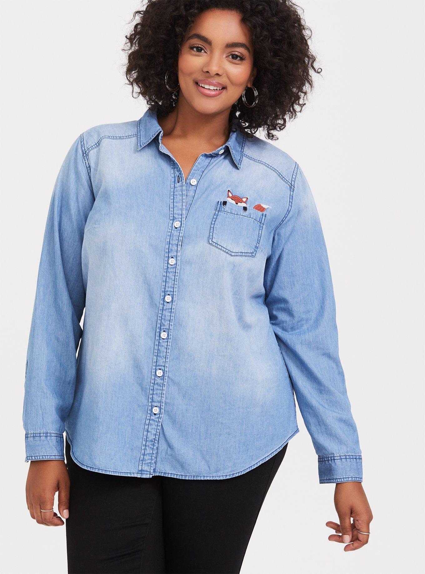 Plus Size Taylor - Medium Wash Denim Fox Button Front Classic Fit Shirt, MEDIUM WASHED DENIM, alternate