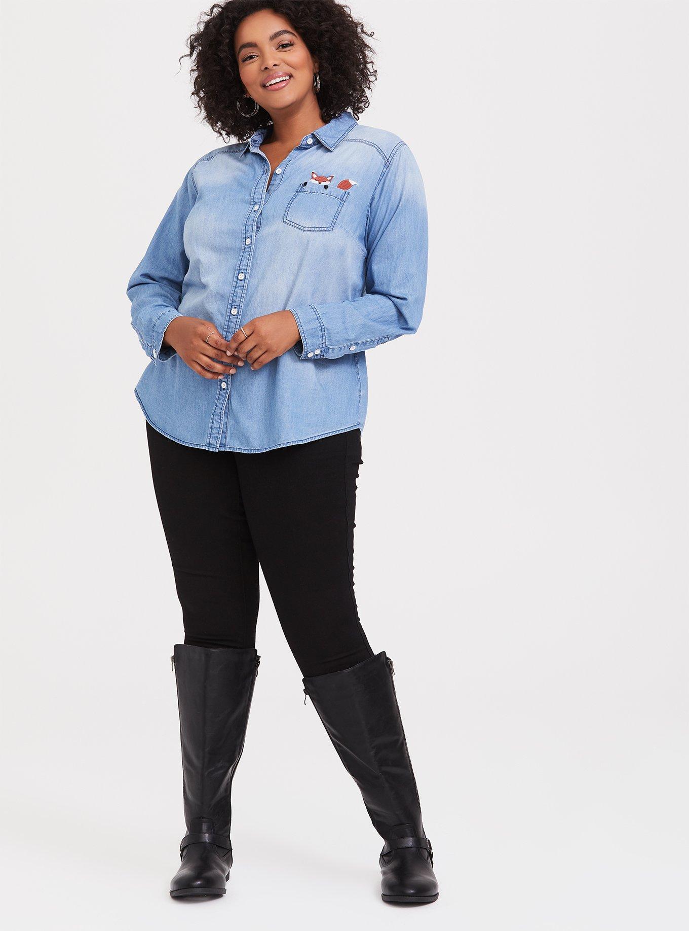 Plus Size Taylor - Medium Wash Denim Fox Button Front Classic Fit Shirt, MEDIUM WASHED DENIM, alternate