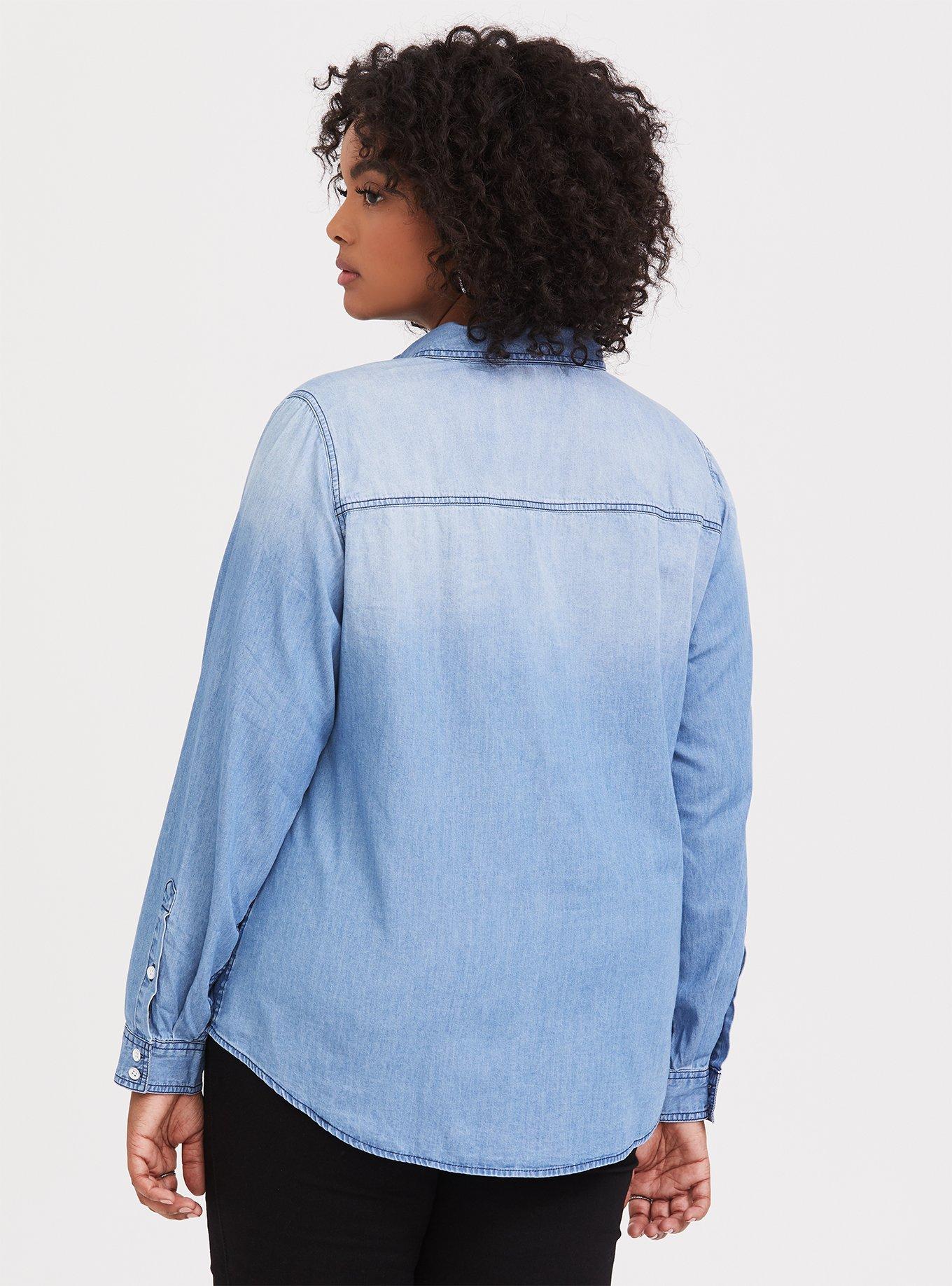 Plus Size Taylor - Medium Wash Denim Fox Button Front Classic Fit Shirt, MEDIUM WASHED DENIM, alternate