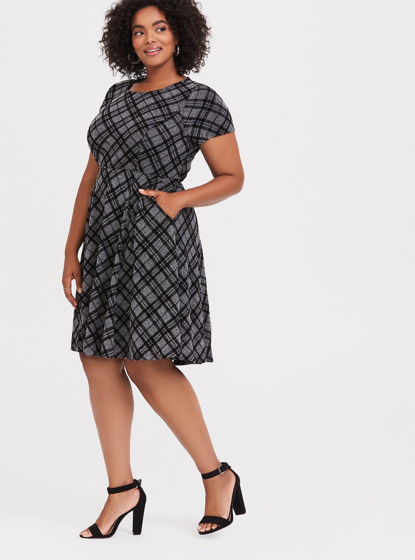 Plus Size - Black Plaid Sweater-Knit Skater Dress - Torrid