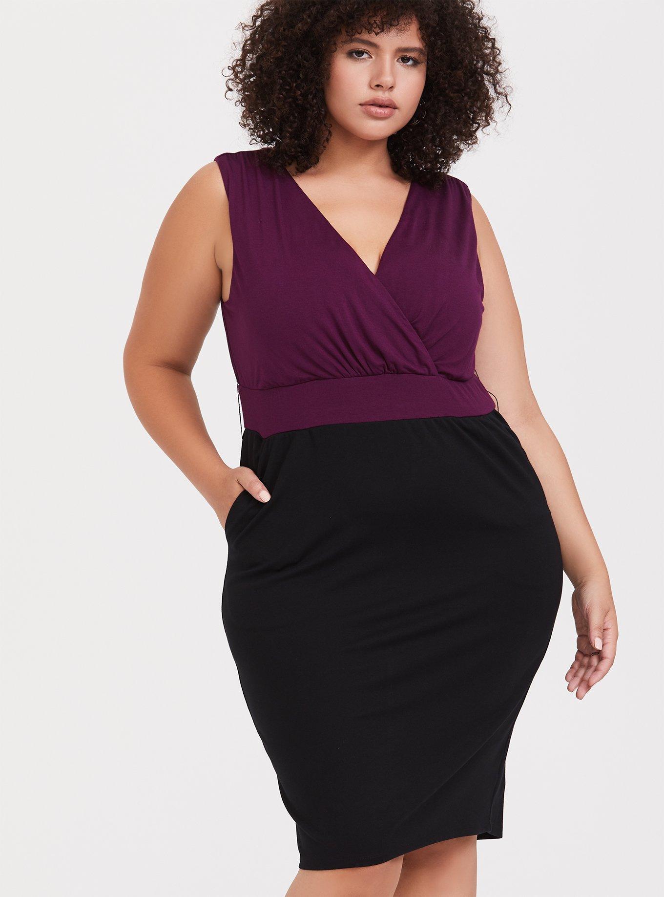 Black Premium Ponte & Burgundy Purple Jersey Sheath Dress, DEEP BLACK, alternate