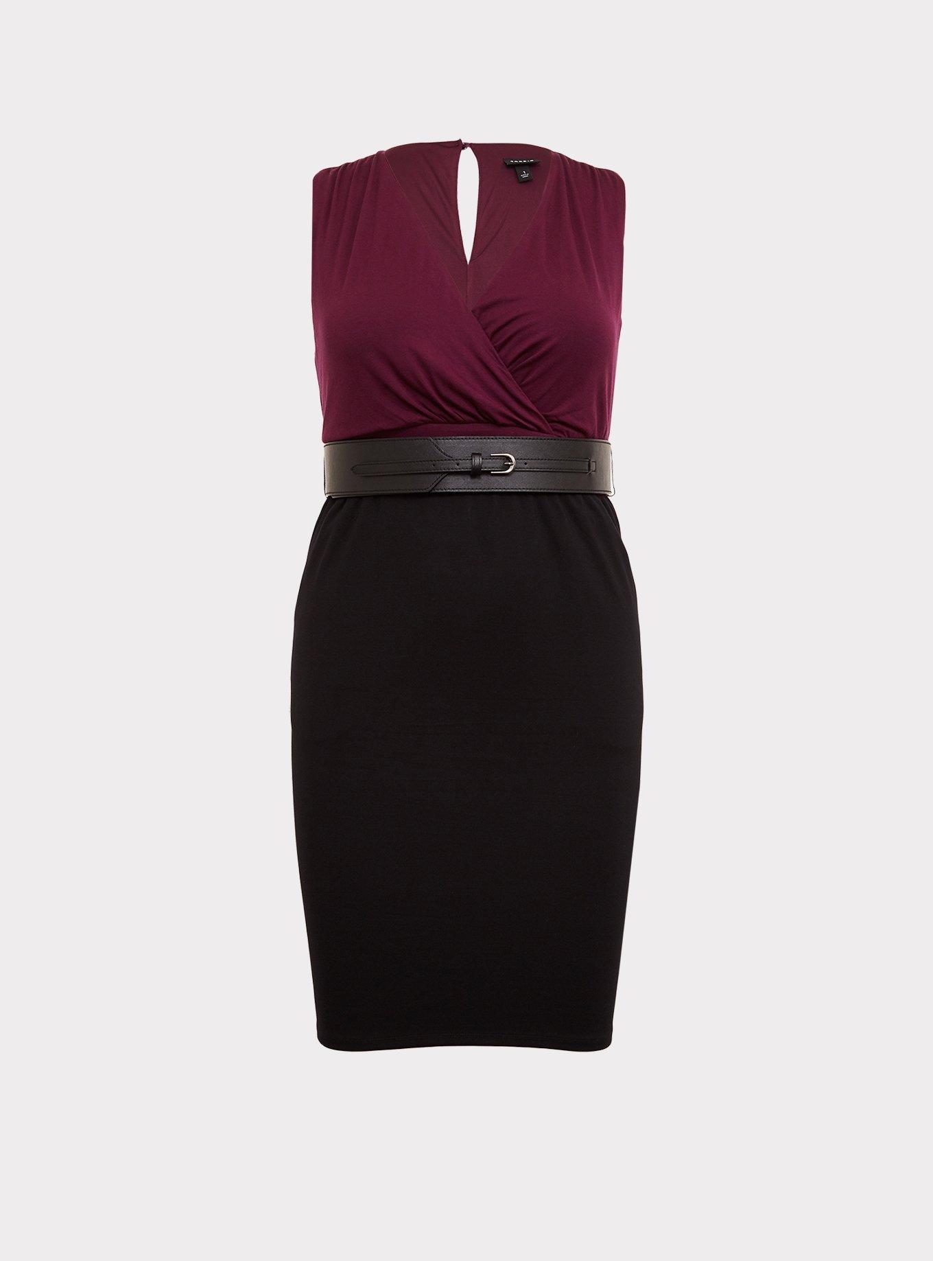Black Premium Ponte & Burgundy Purple Jersey Sheath Dress, DEEP BLACK, hi-res