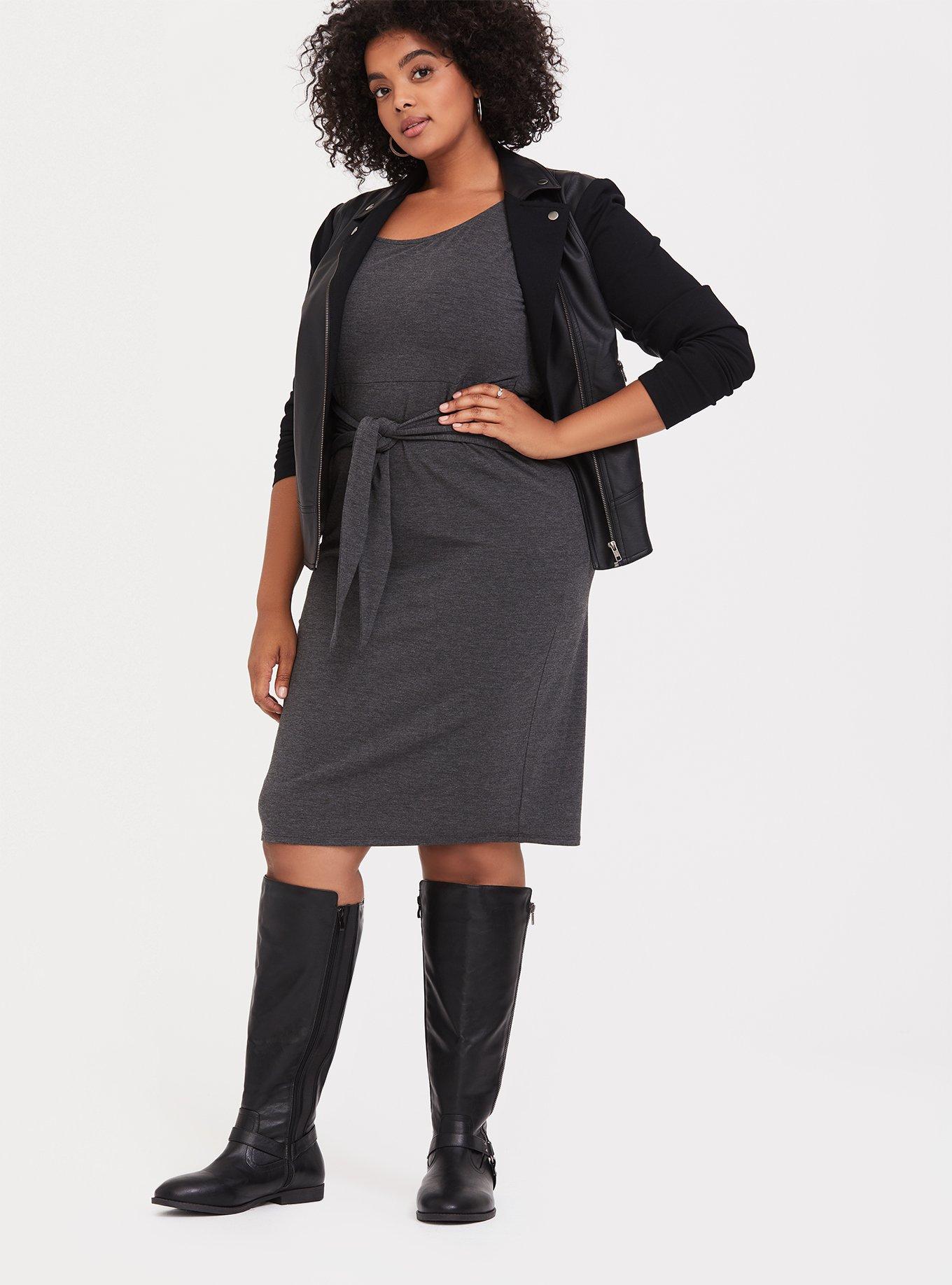 Plus Size - Charcoal Grey Jersey Tie Front Shift Dress - Torrid