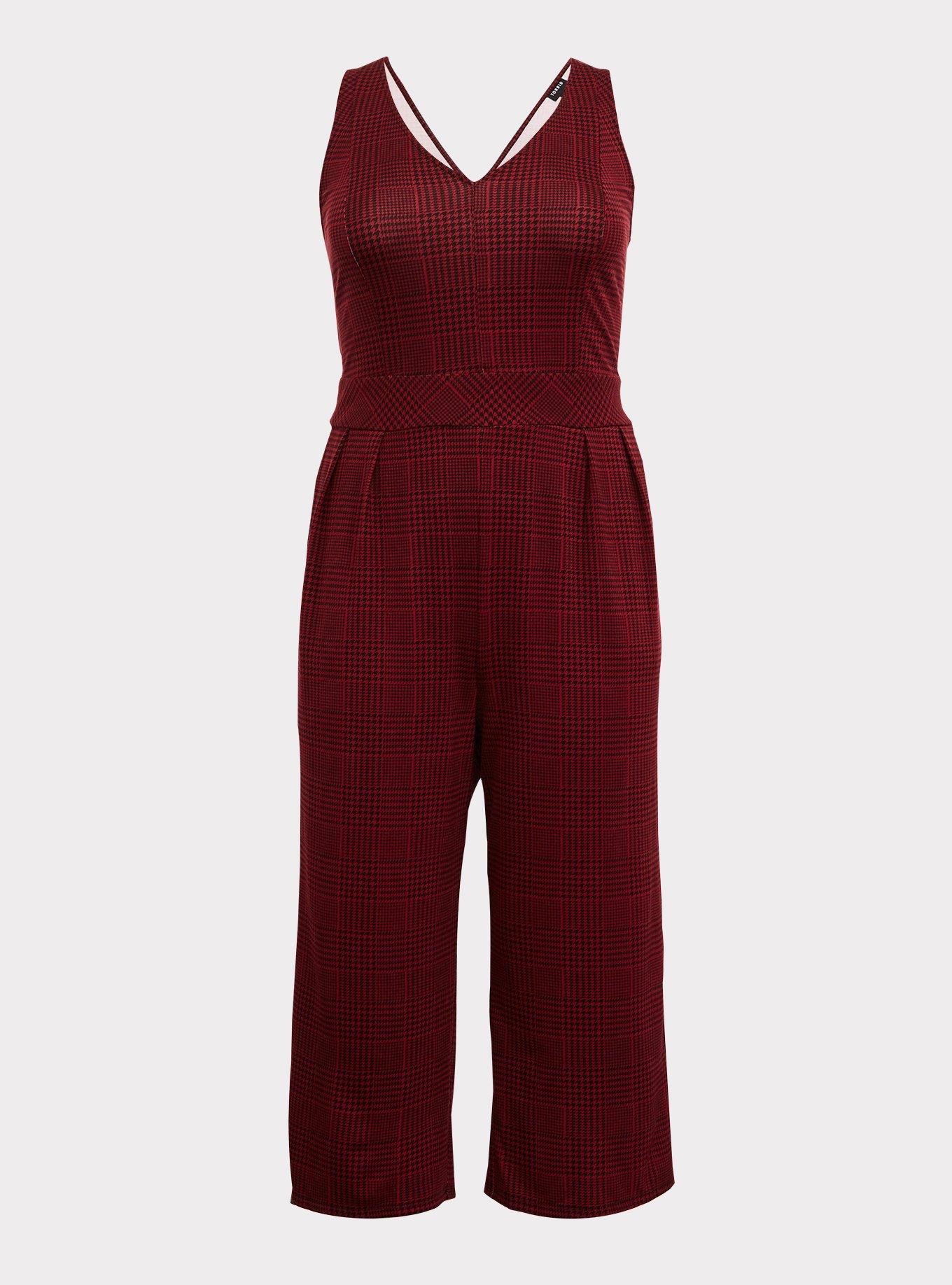 Plus Size - Red Plaid Houndstooth Premium Ponte Culotte Jumpsuit - Torrid