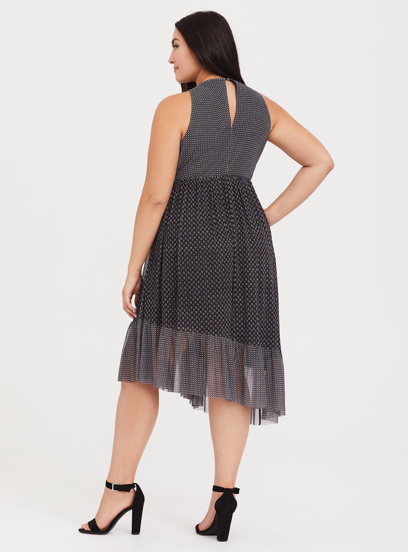 Plus Size Black Diamond Mesh Asymmetrical Dress, DIAMONDS BLACK, alternate