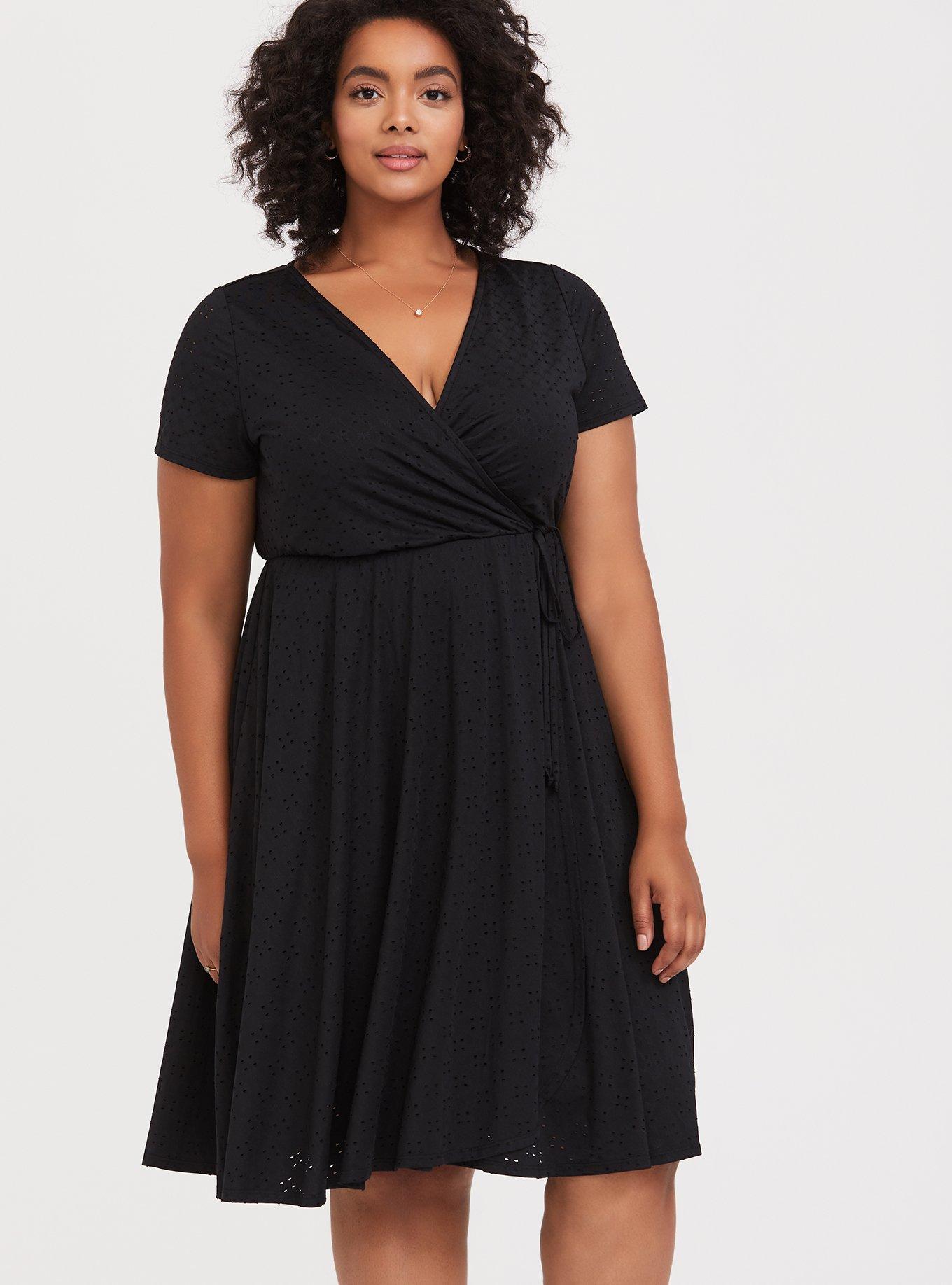Plus Size - Black Jersey Eyelet Wrap Dress - Torrid