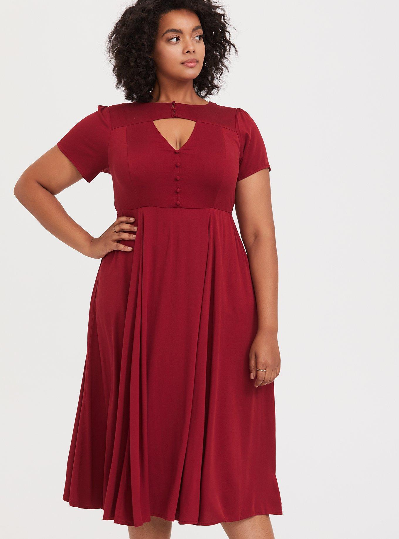 Dark Red Challis Keyhole Midi Skater Dress, JESTER RED, alternate