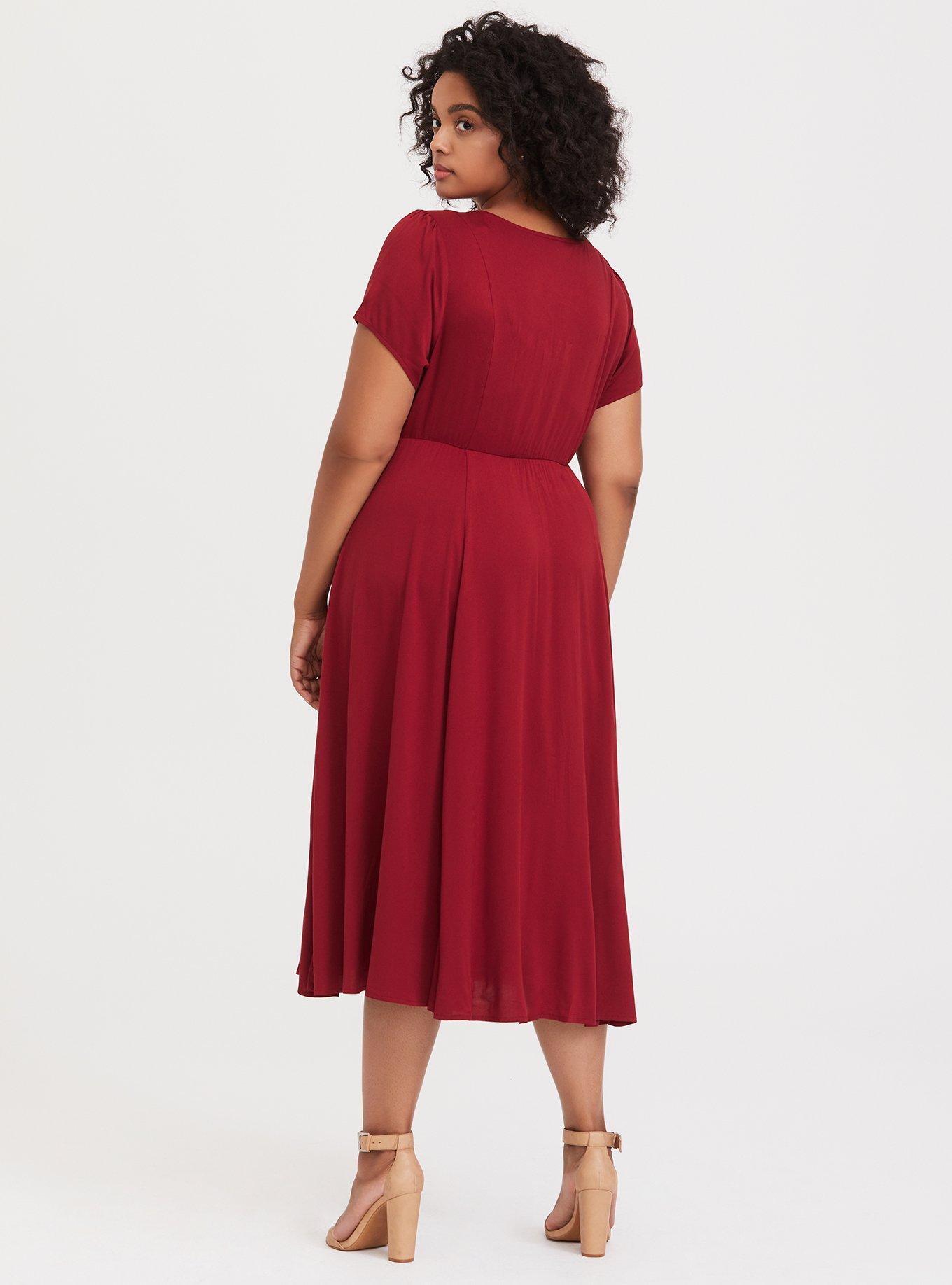 Dark Red Challis Keyhole Midi Skater Dress, JESTER RED, alternate