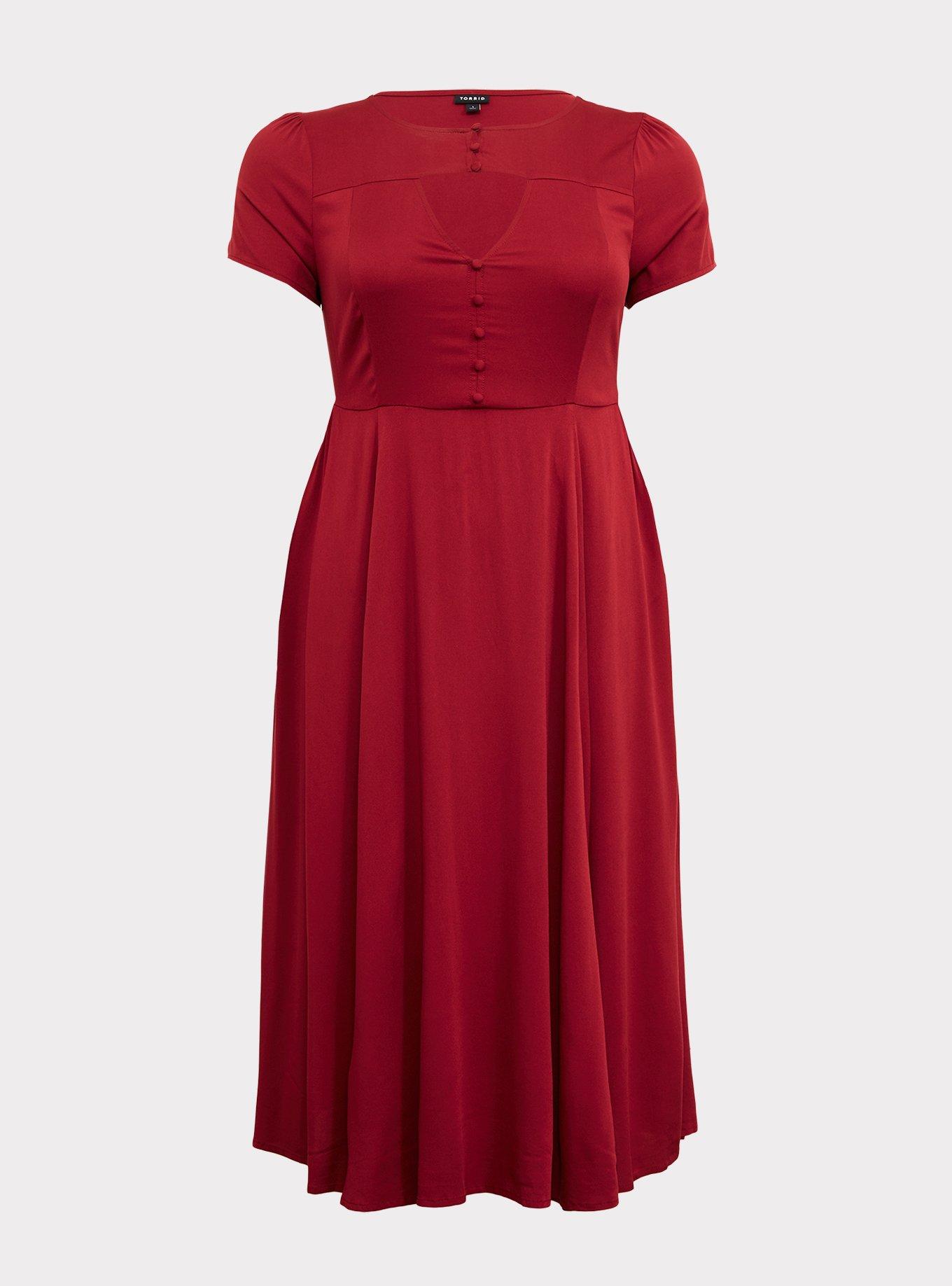 Plus Size Dark Red Challis Keyhole Midi Skater Dress, , hi-res