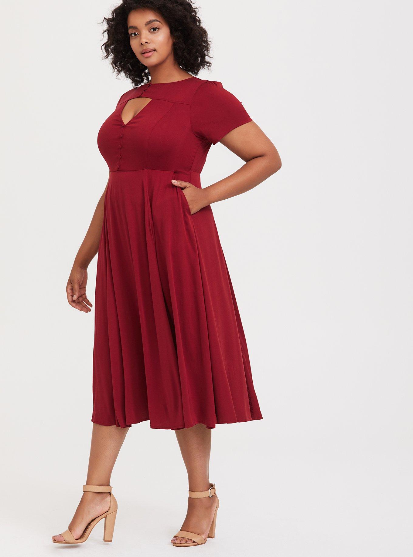Plus Size Dark Red Challis Keyhole Midi Skater Dress, , hi-res